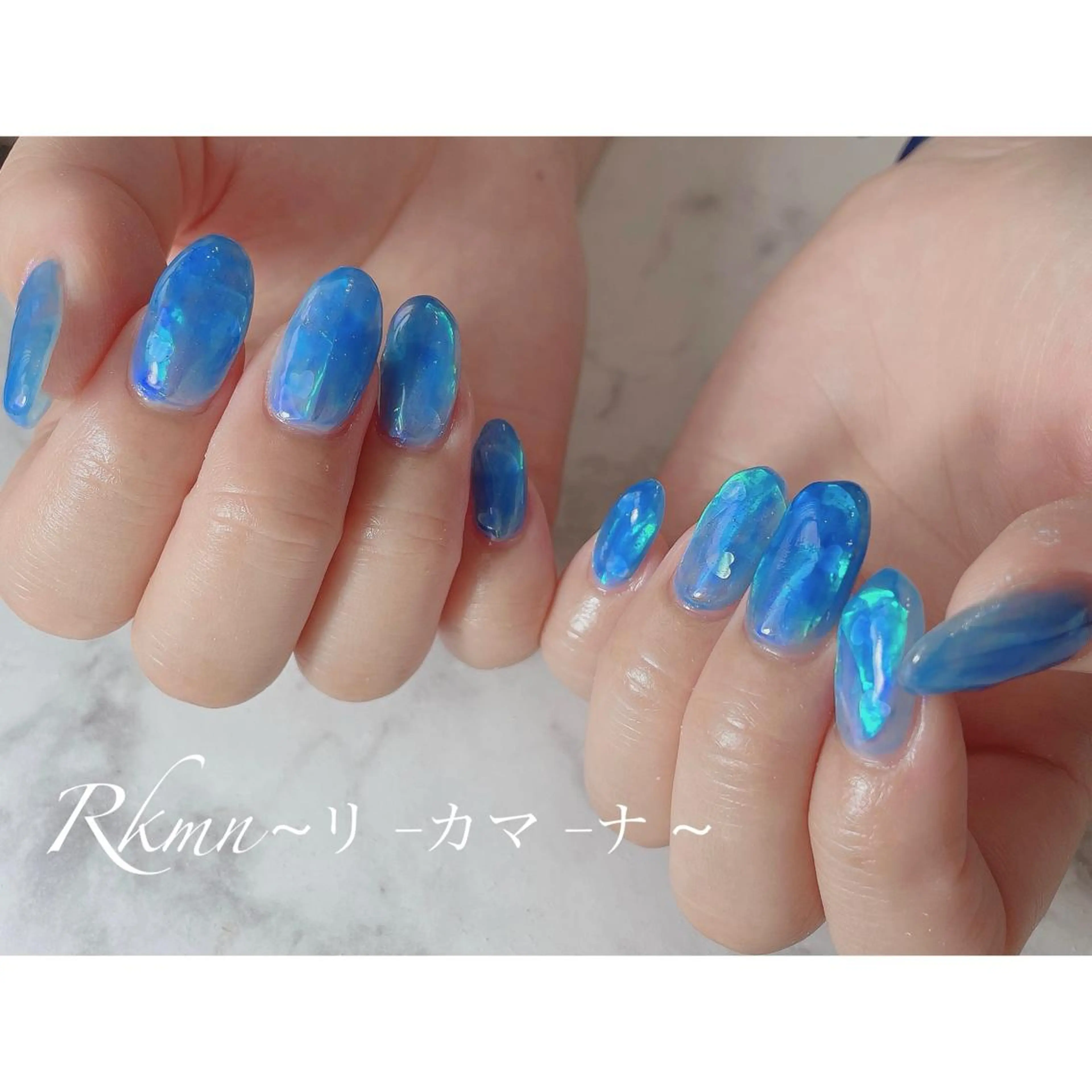 ネイル アートネイル ブルー 氷ネイル・うるうるネイル 春ネイル ハンドネイル フットネイル ハンドケア Rkmn ~リ-カマ-ナ~のネイルデザイン