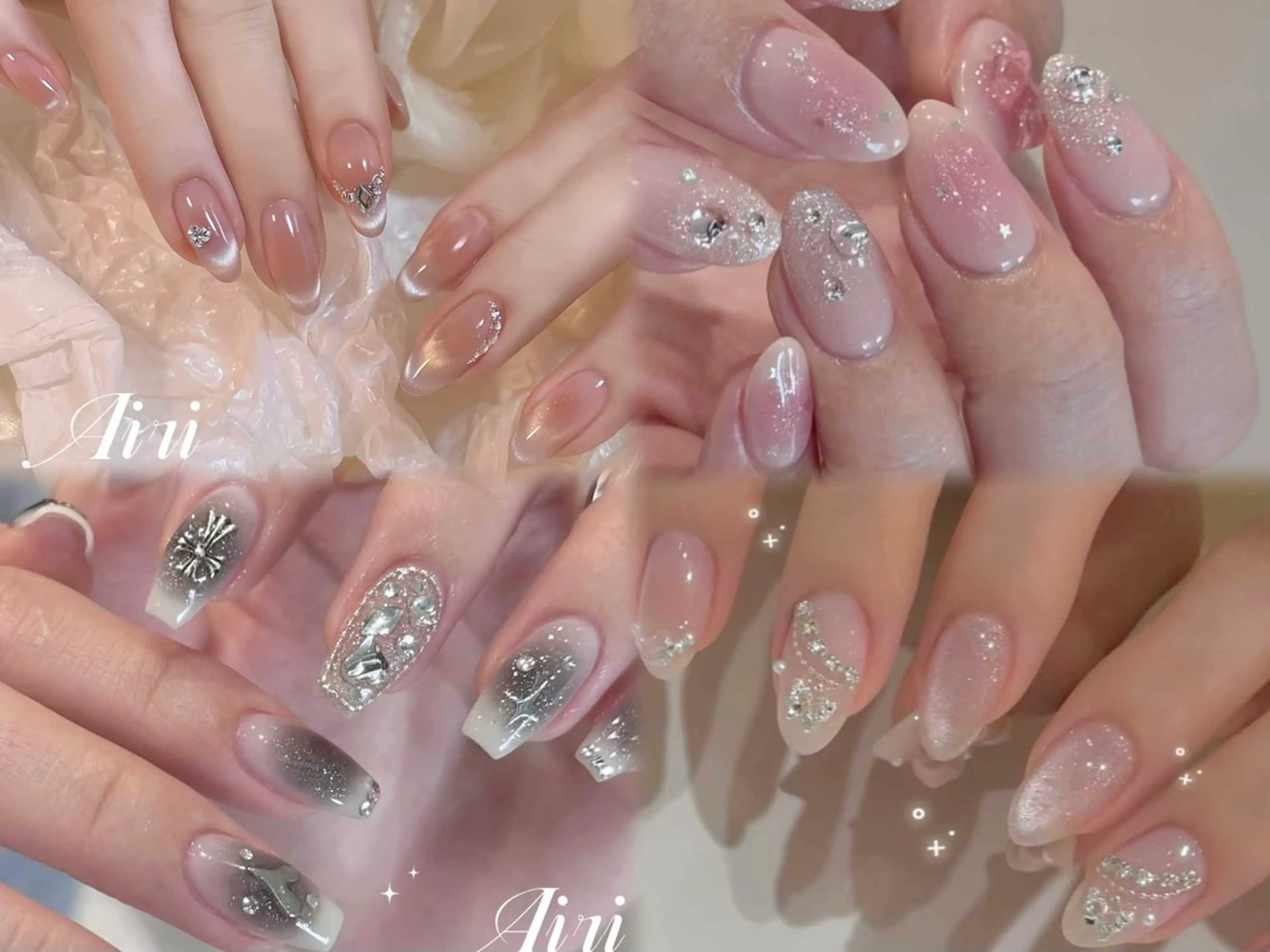 ネイル 桜ネイル フットネイル ジェルネイル 韓国ネイル ラメ(グリッター) ハンドネイル ネイルサロンAiri 長さ出し·シンプルのネイルデザイン