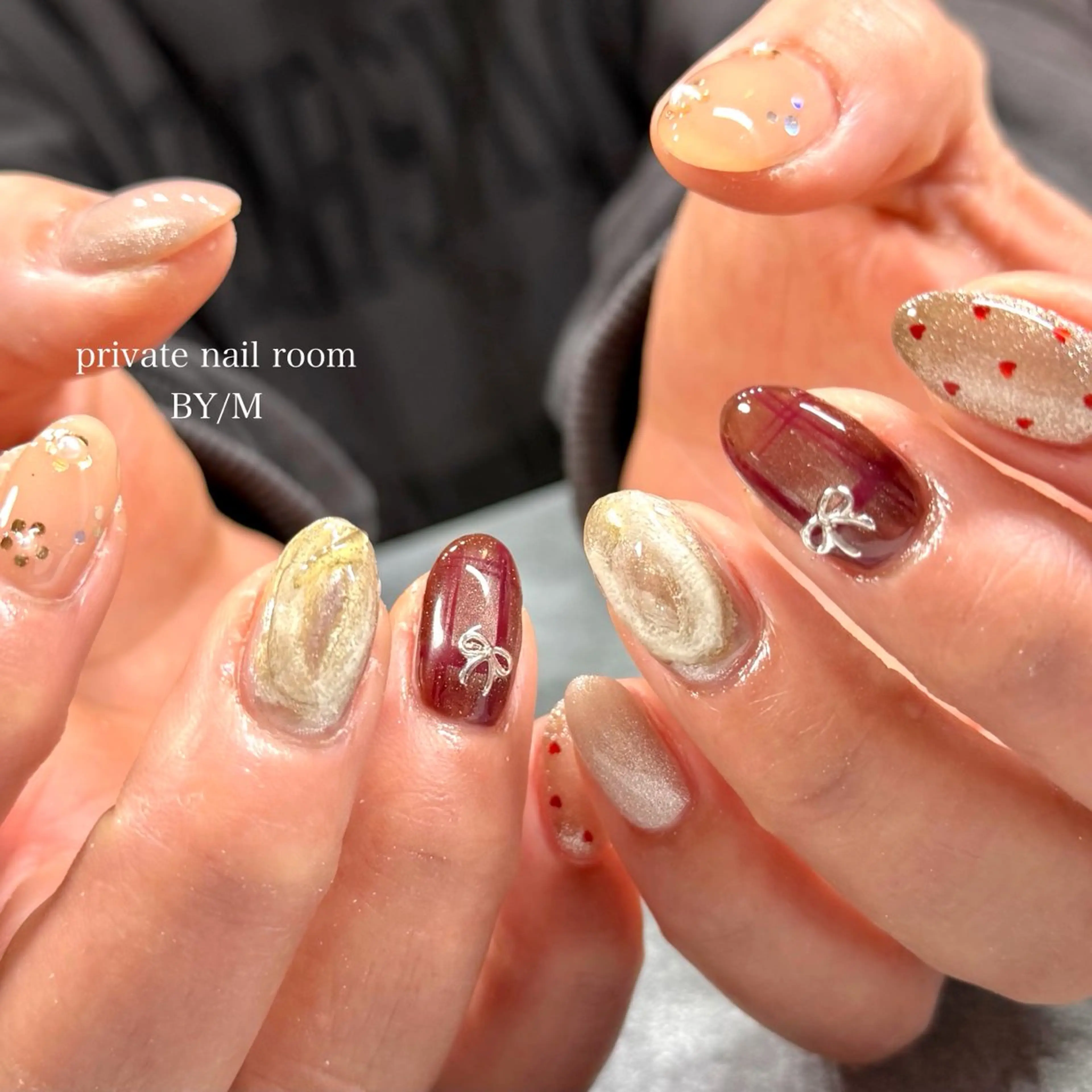 ネイル ハート 持ち込み ニュアンスネイル リボン ハンドネイル BY / Mのネイルデザイン