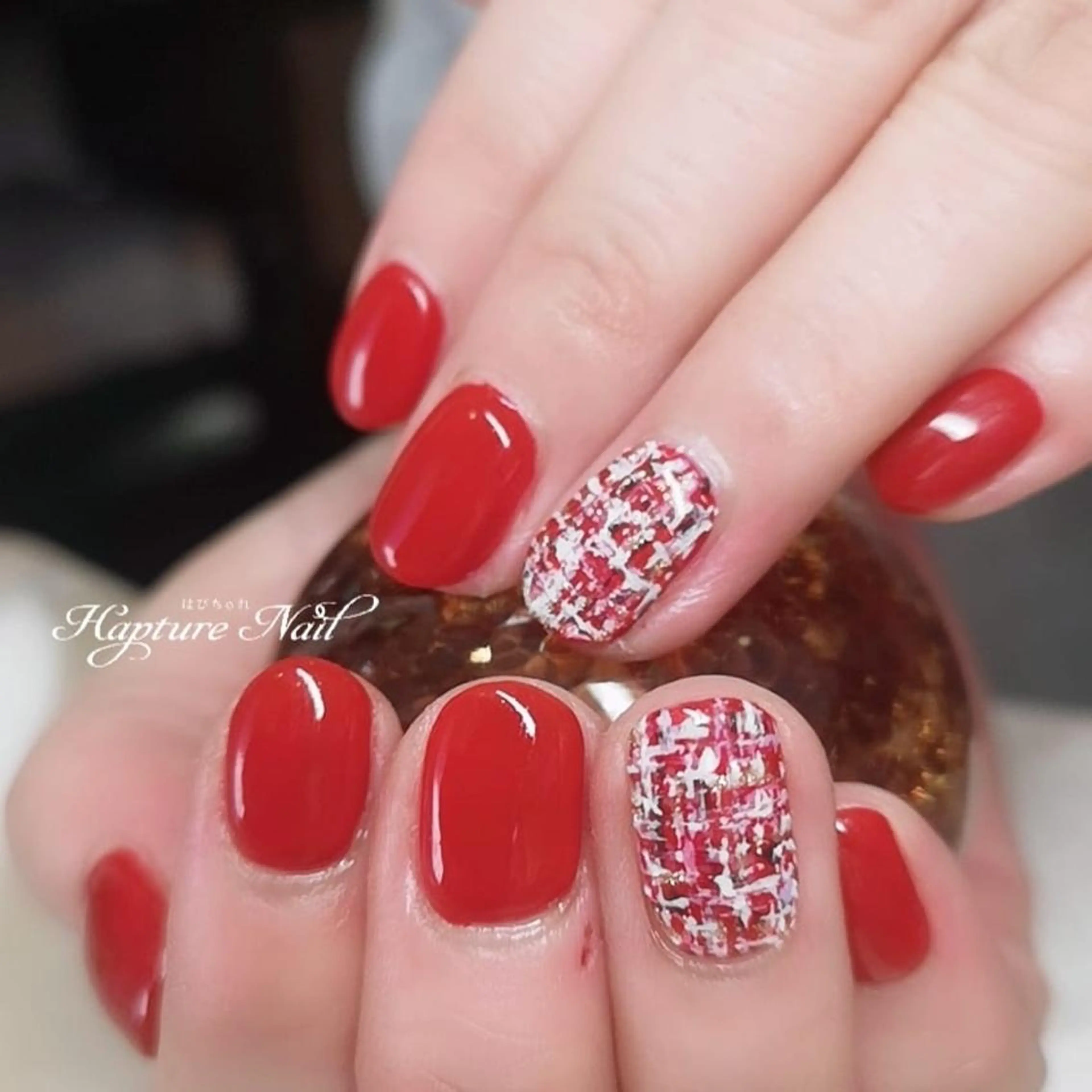 ネイル アートネイル ジェルネイル ワンカラーネイル 赤色 ツイードネイル m- Hiroのネイルデザイン