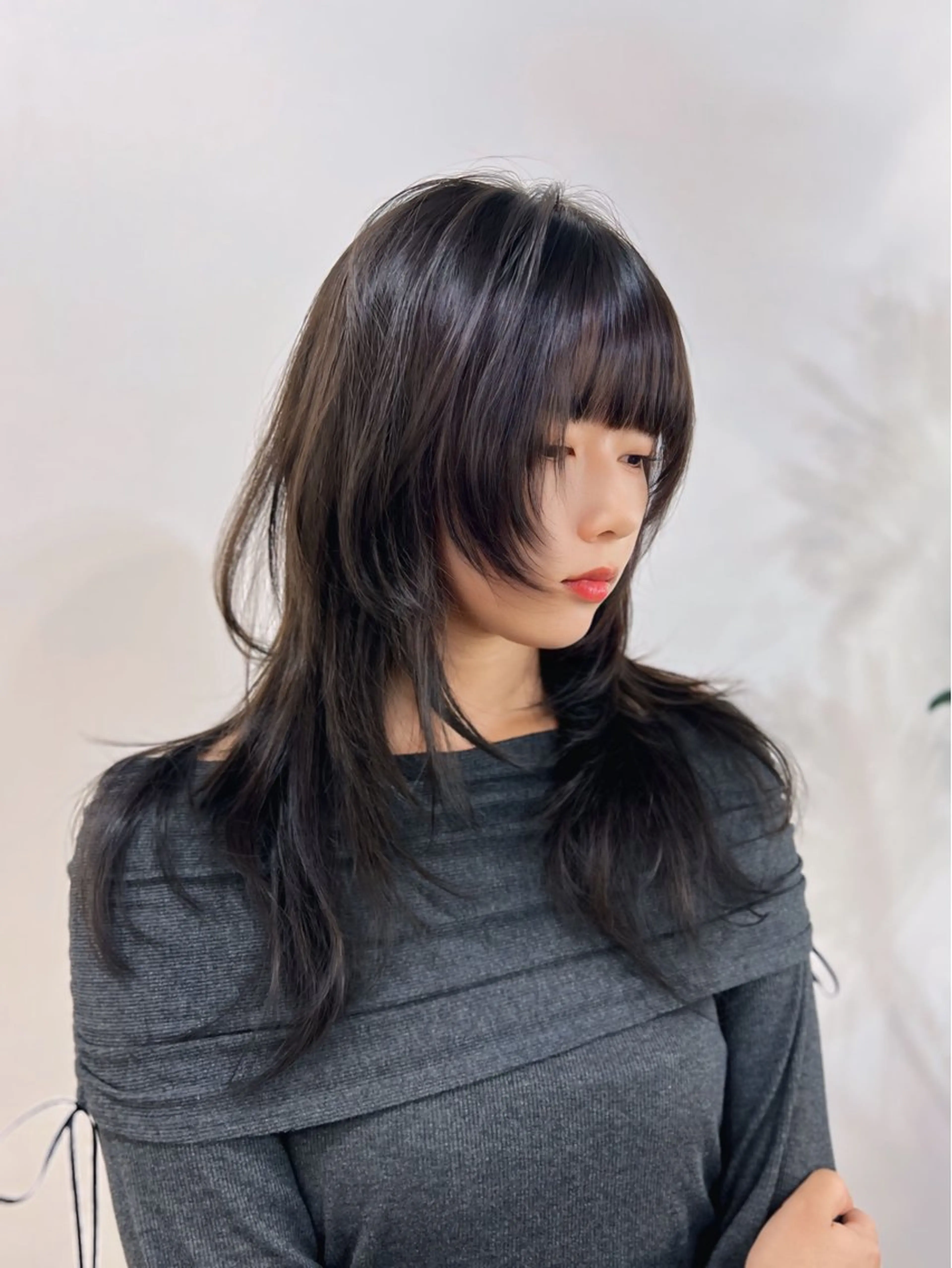 ロング カラー ハッシュカット 韓国風ヘア レイヤーカット 似合わせカット 小顔カット 武田涼レイヤーカット 髪質改善×縮毛矯正のヘアスタイル