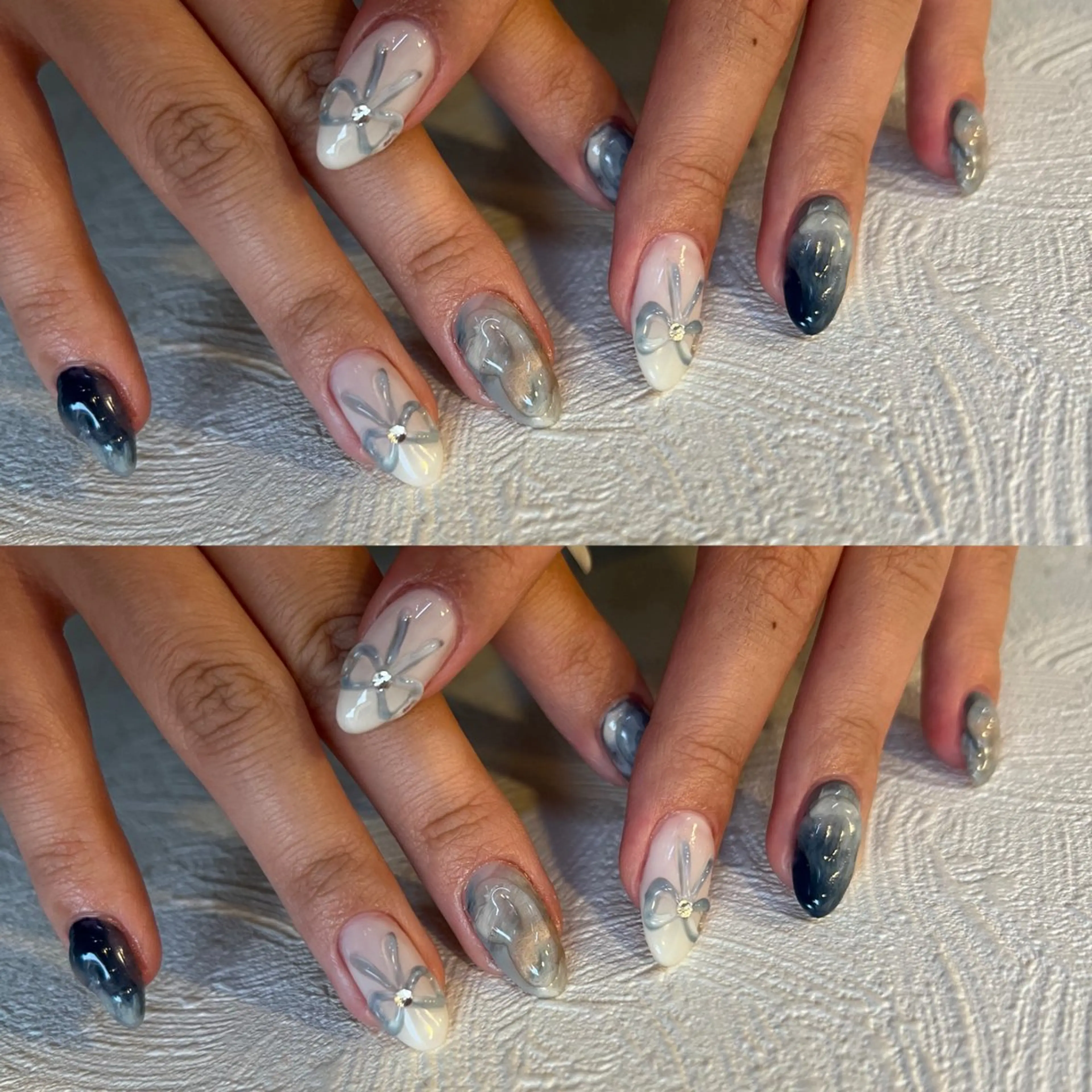 ネイル ブルー リボン 春ネイル 夏ネイル ハンドネイル フットネイル GRANDE大須 栄/店長 aki🌙のネイルデザイン