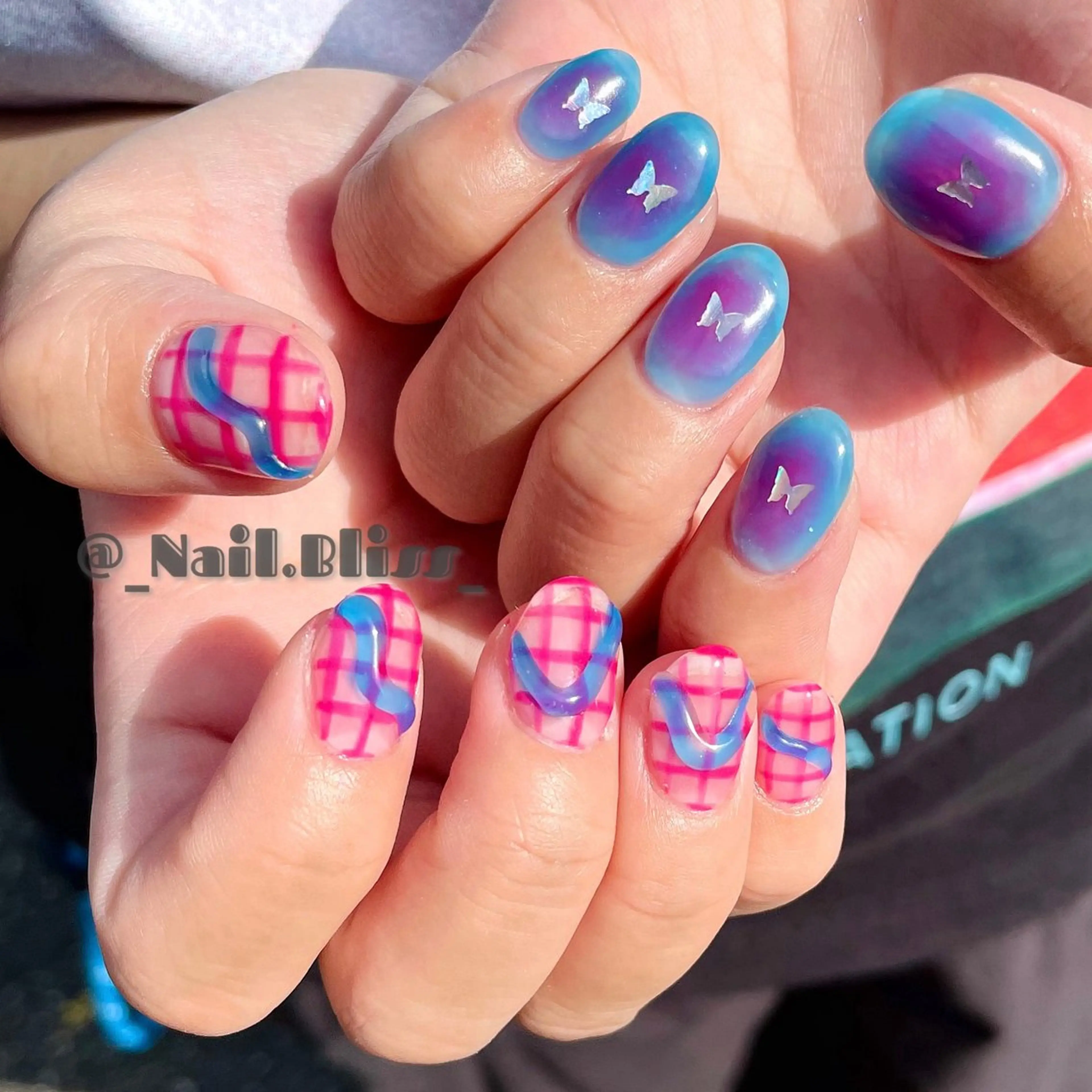 ネイル ブルー 持ち込み ピンク ハンドネイル NAIL BLISSのネイルデザイン