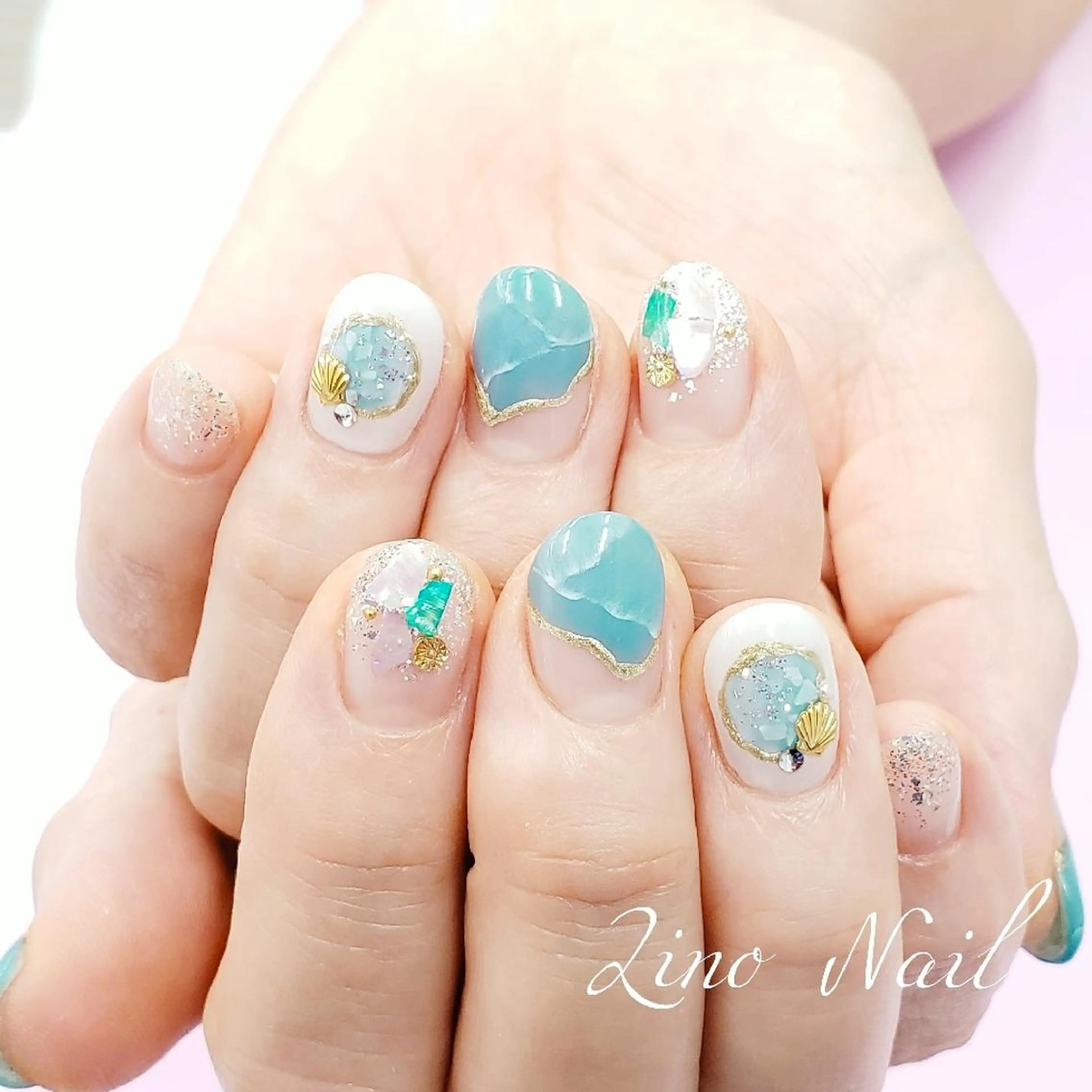 ネイル フレンチネイル ジェルネイル ラメ(グリッター) 大理石ネイル(マーブル) ニュアンスネイル Lino Nailのネイルデザイン