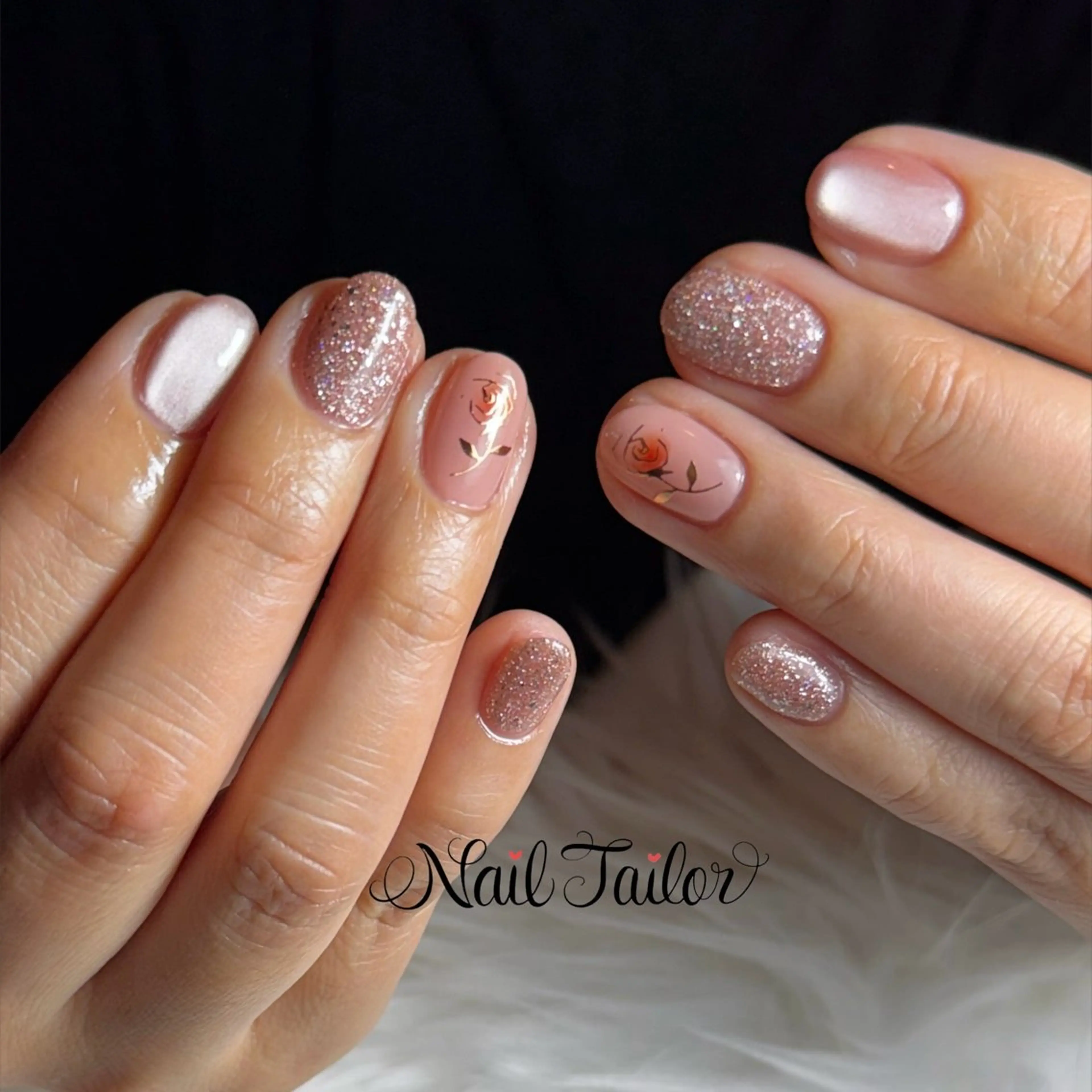 ネイル フラワーネイル キラキラネイル マグネットネイル オフィスネイル ピンク ハンドネイル 〜Nail Tailor〜　ネイルテイラー所属・NailTailor ネイルテイラーのネイルデザイン