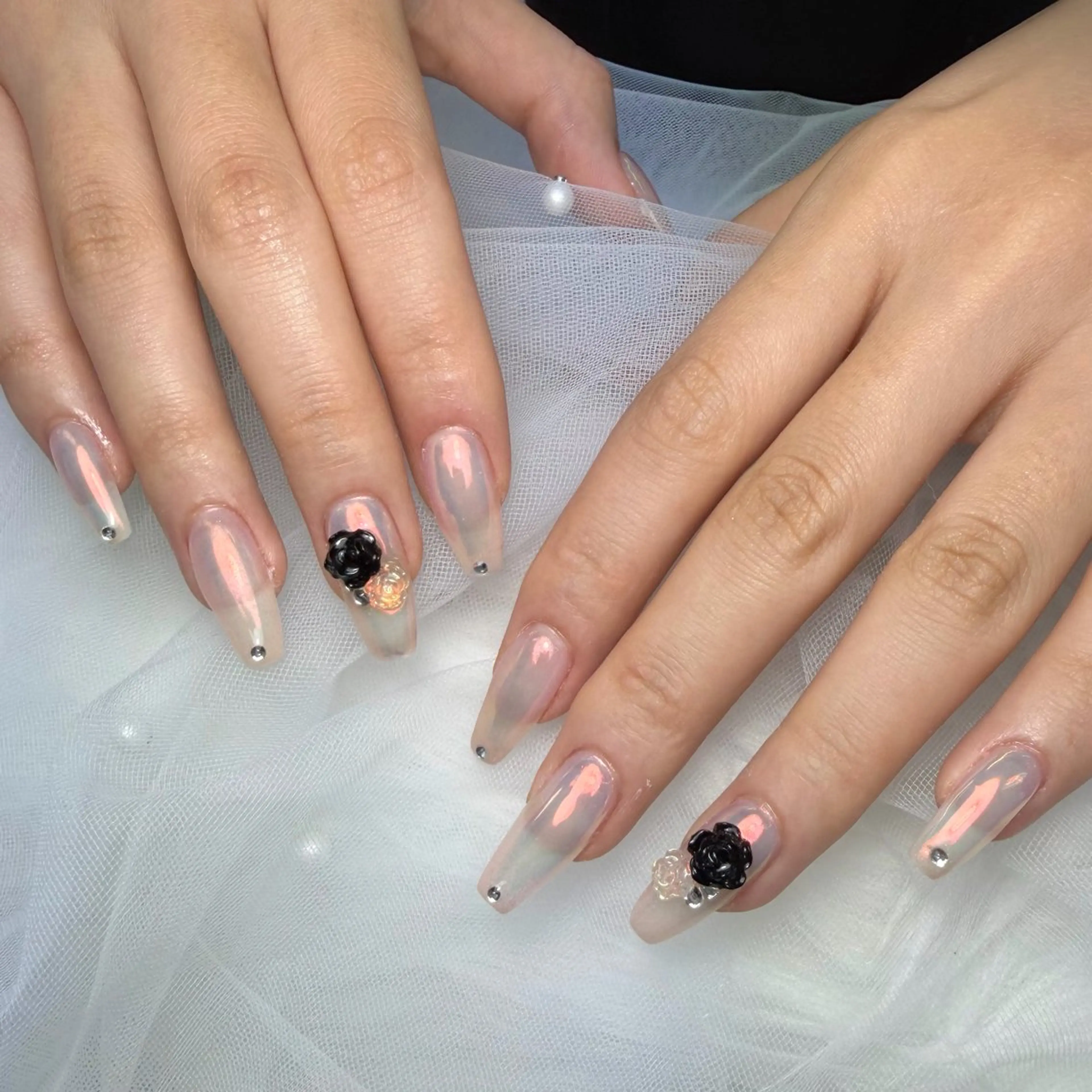 ネイル オーロラネイル クリアネイル オレンジ ピンク NABI NAIL 茨木店【ナビネイル】所属・NABINAIL anriのネイルデザイン