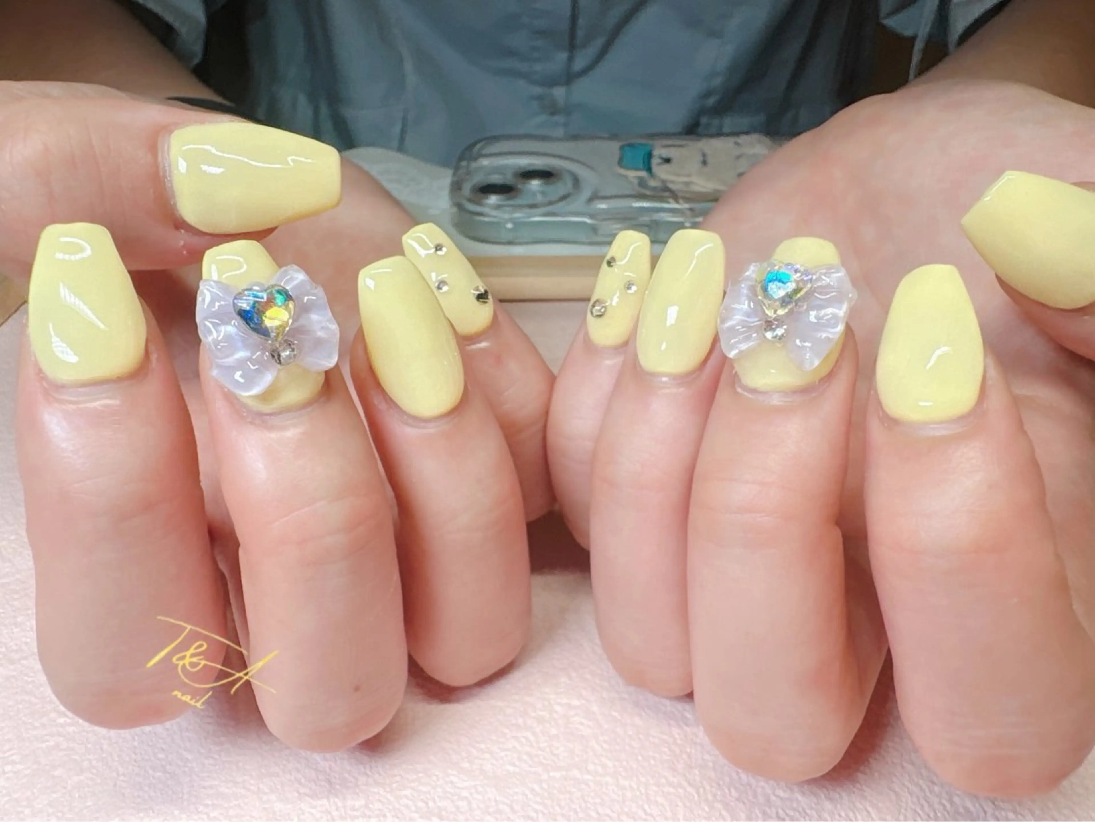 ネイル ジェルネイル リボン スカルプネイル 春ネイル 黄色 ハンドネイル T&A nailのネイルデザイン