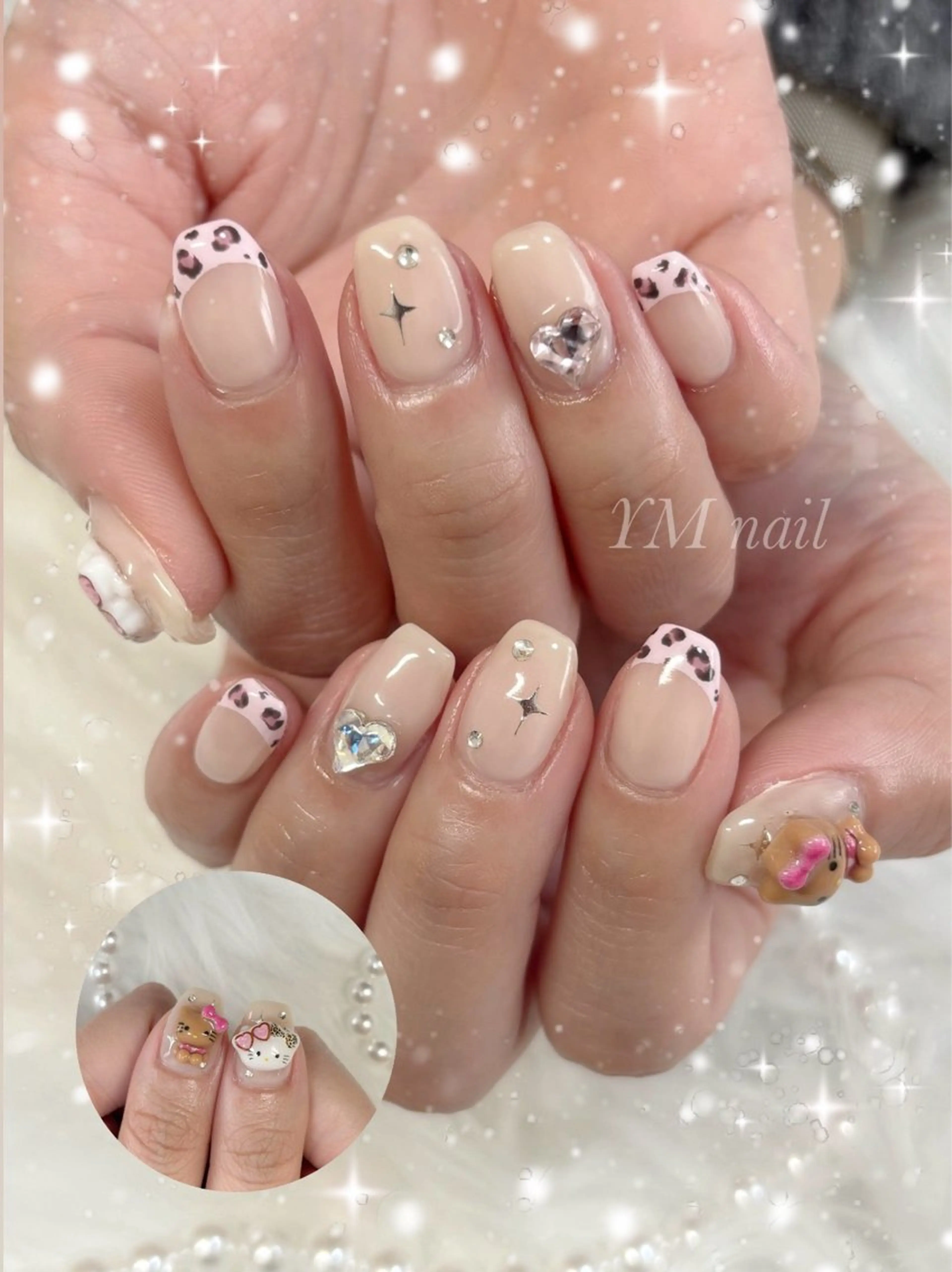 ネイル アニマル柄 フレンチネイル ピンク 春ネイル ハンドネイル YM nailのネイルデザイン