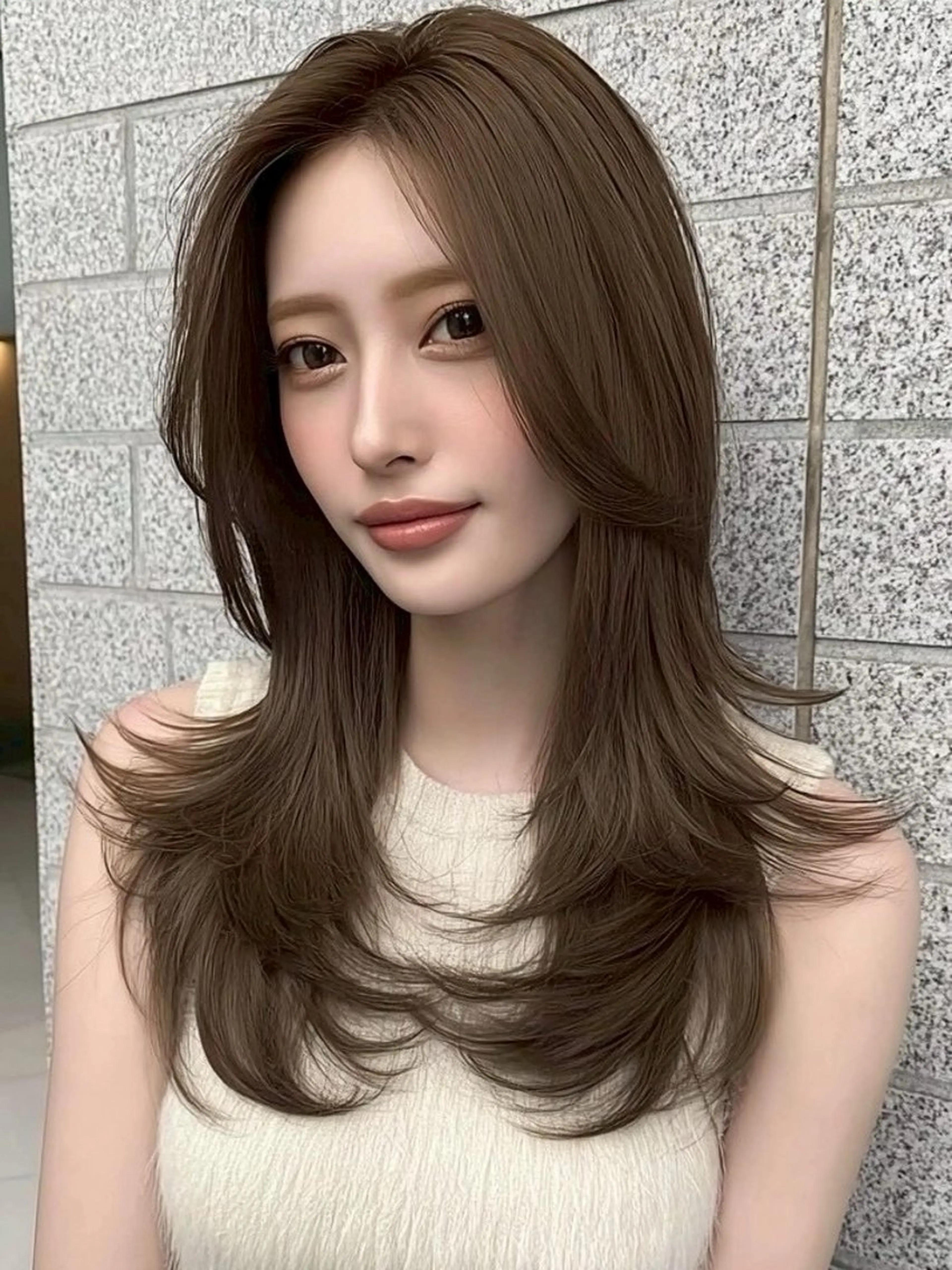 セミロング カラー セミロングパーマ 髪質改善 韓国風ヘア 縮毛矯正 ヘアカラー 西 優衣奈のヘアスタイル