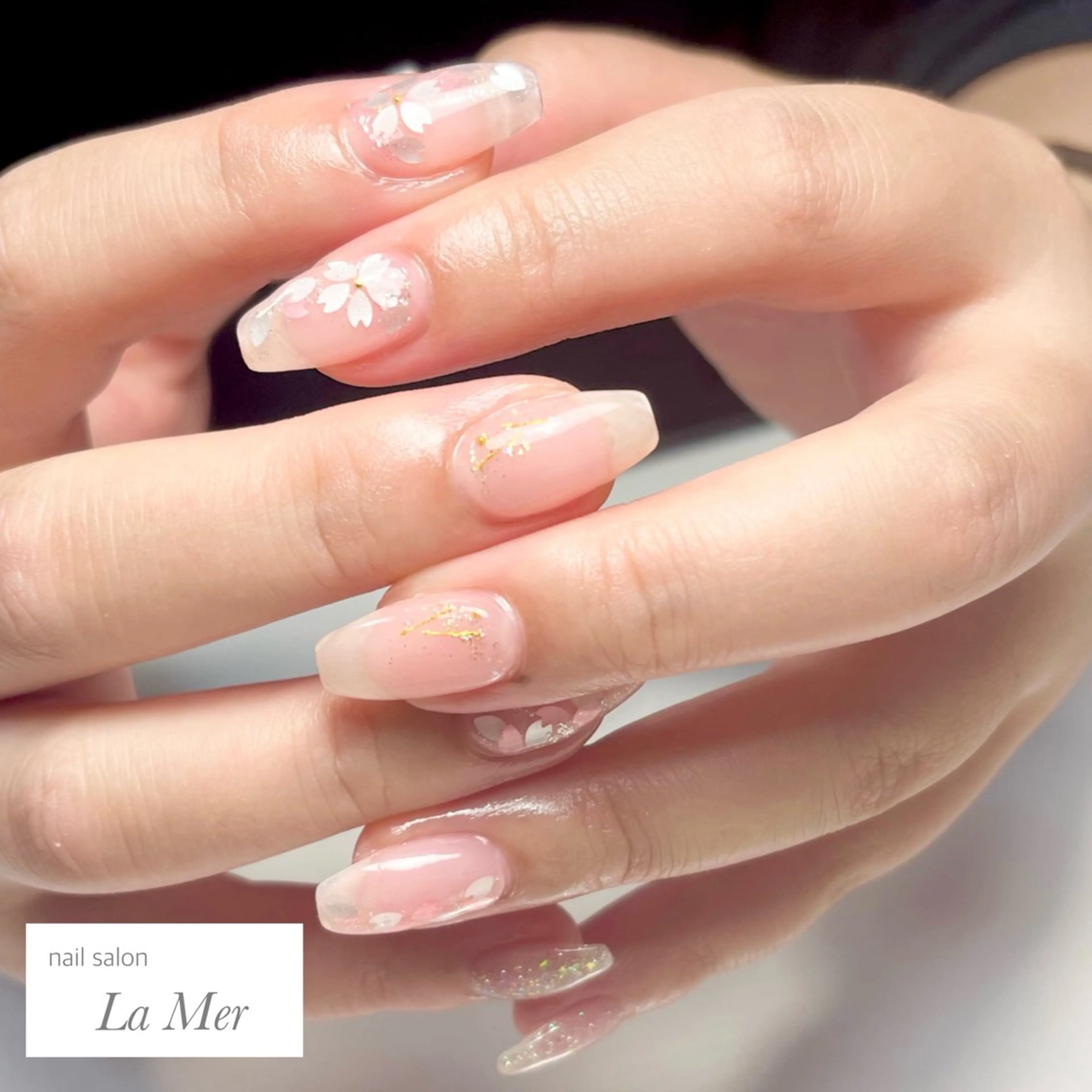 ネイル オーロラネイル 桜ネイル フラワーネイル オフィスネイル ピンク ハンドネイル nailsalon La Merのネイルデザイン