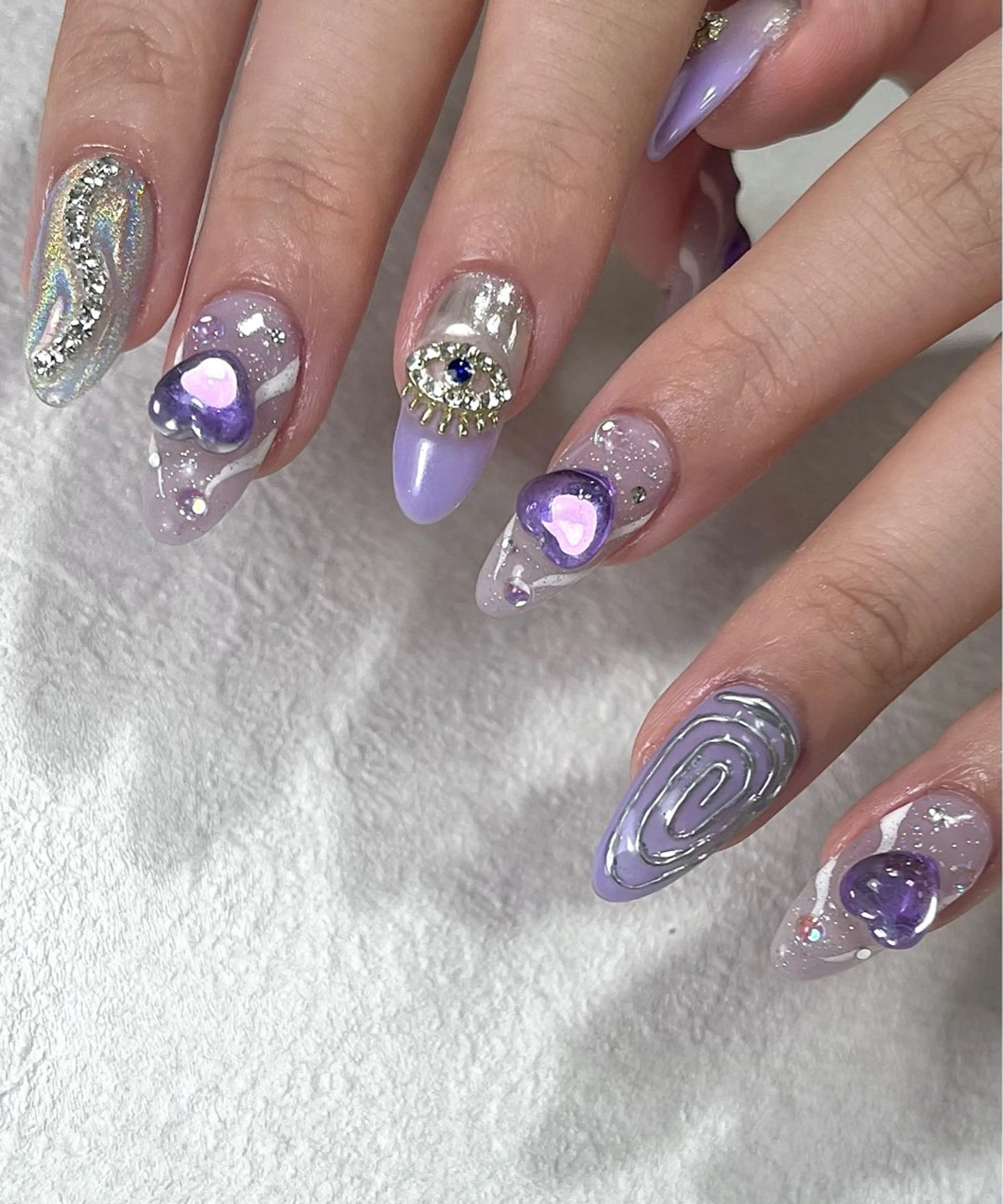 ネイル ハート キラキラネイル ロングネイル パープル スカルプネイル ハンドネイル フットネイル para ☀︎ sol by BECK所属・Para Sol nail　Maoのネイルデザイン