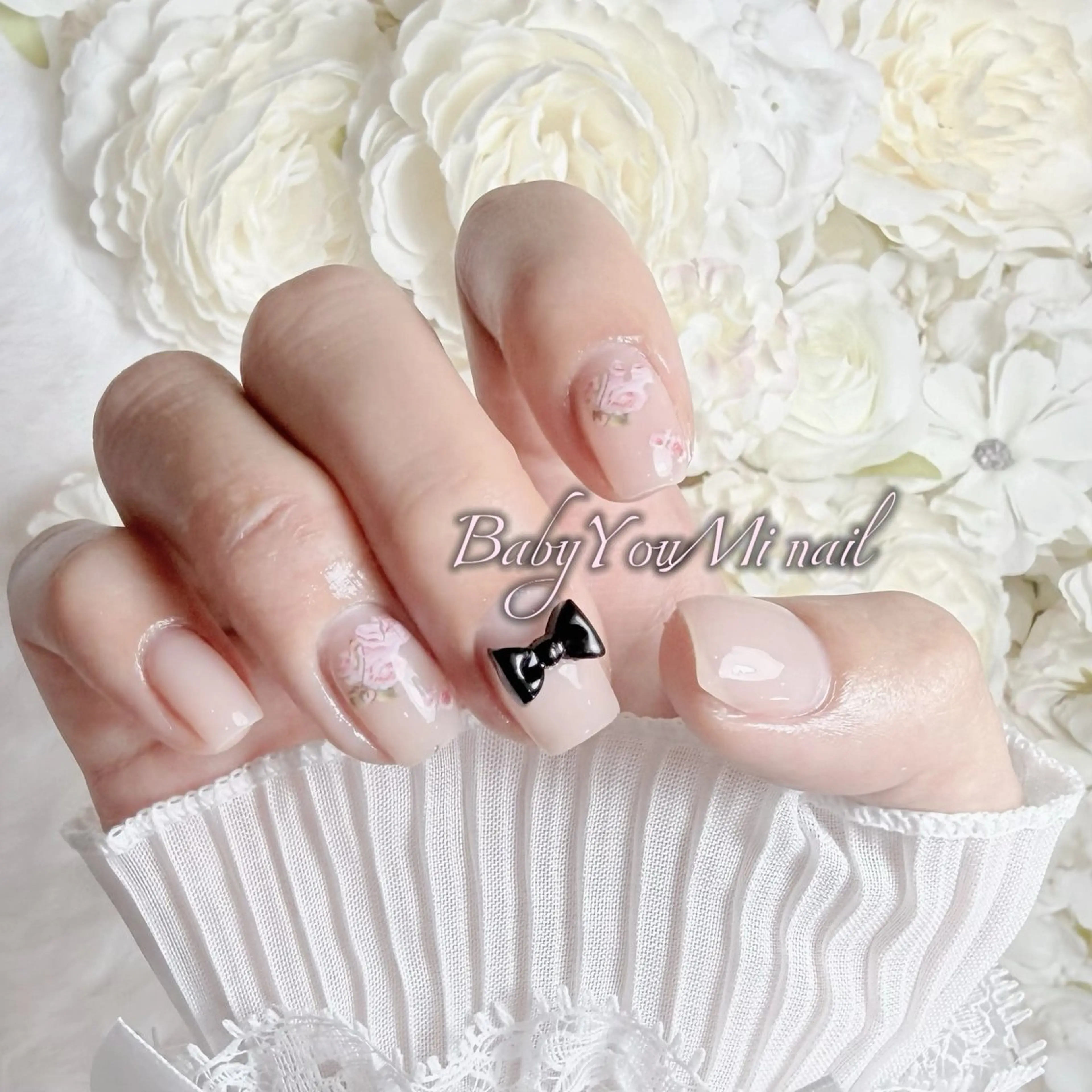 ネイル フラワーネイル フレンチネイル ジェルネイル ガラスフレンチ ハート ハンドネイル Oomiya 服部のネイルデザイン