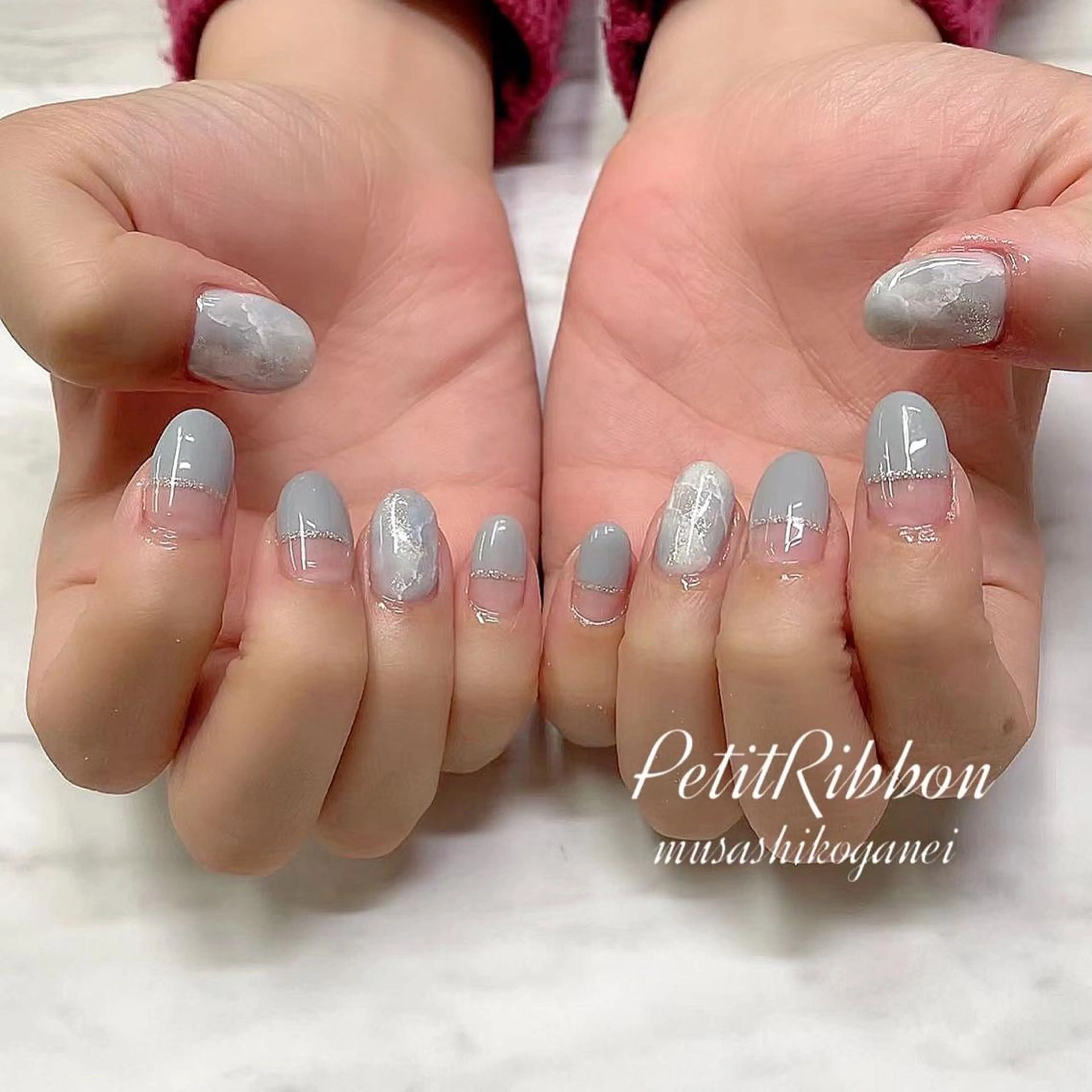 ネイル アートネイル フレンチネイル ジェルネイル 大理石ネイル(マーブル) ミラーネイル ハンドネイル ネイルPetit Ribbonのネイルデザイン