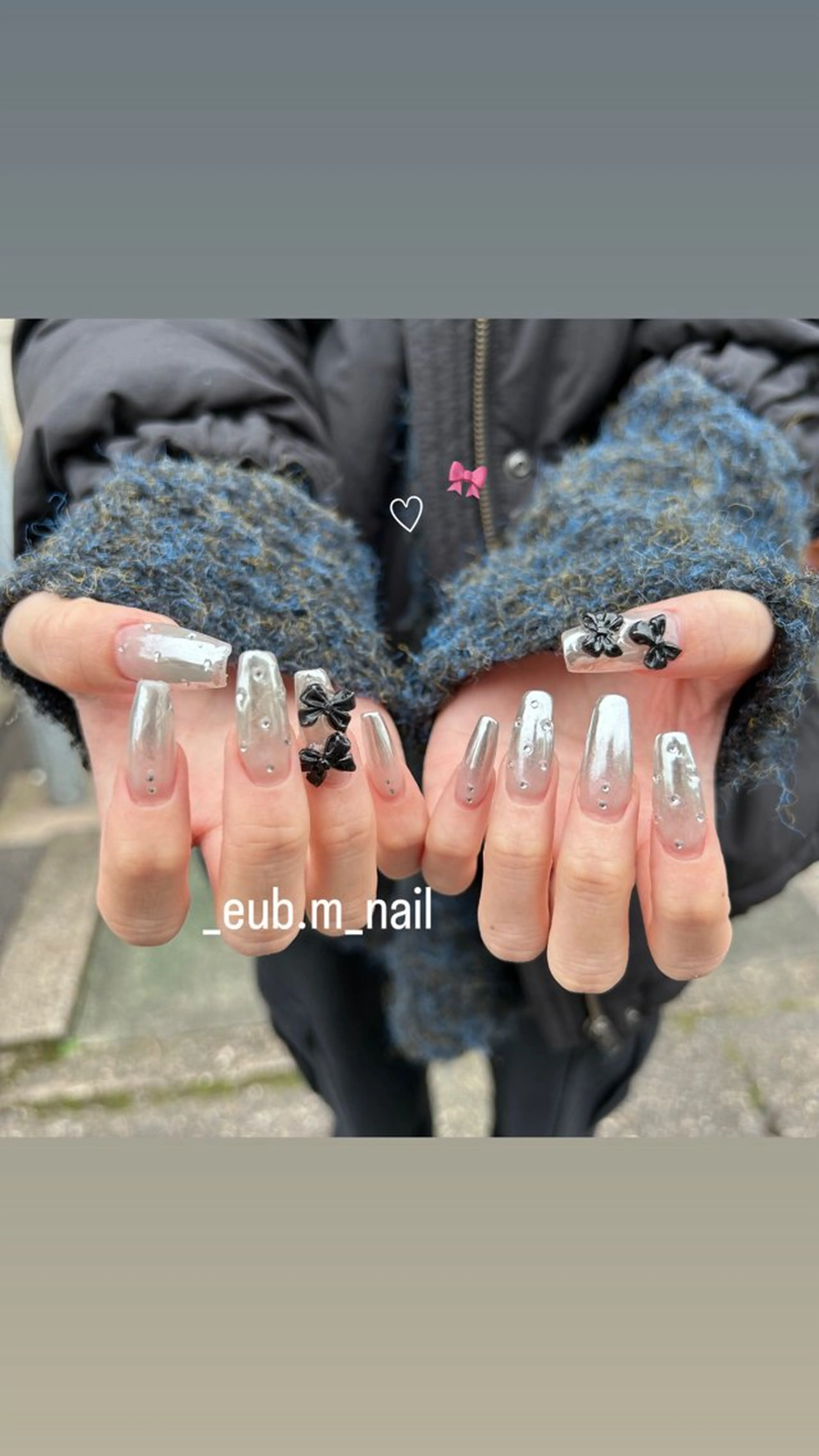 ネイル グラデーション ミラーネイル ワンカラーネイル リボン シルバー 深夜ネイルサロン eub.m_nailのネイルデザイン
