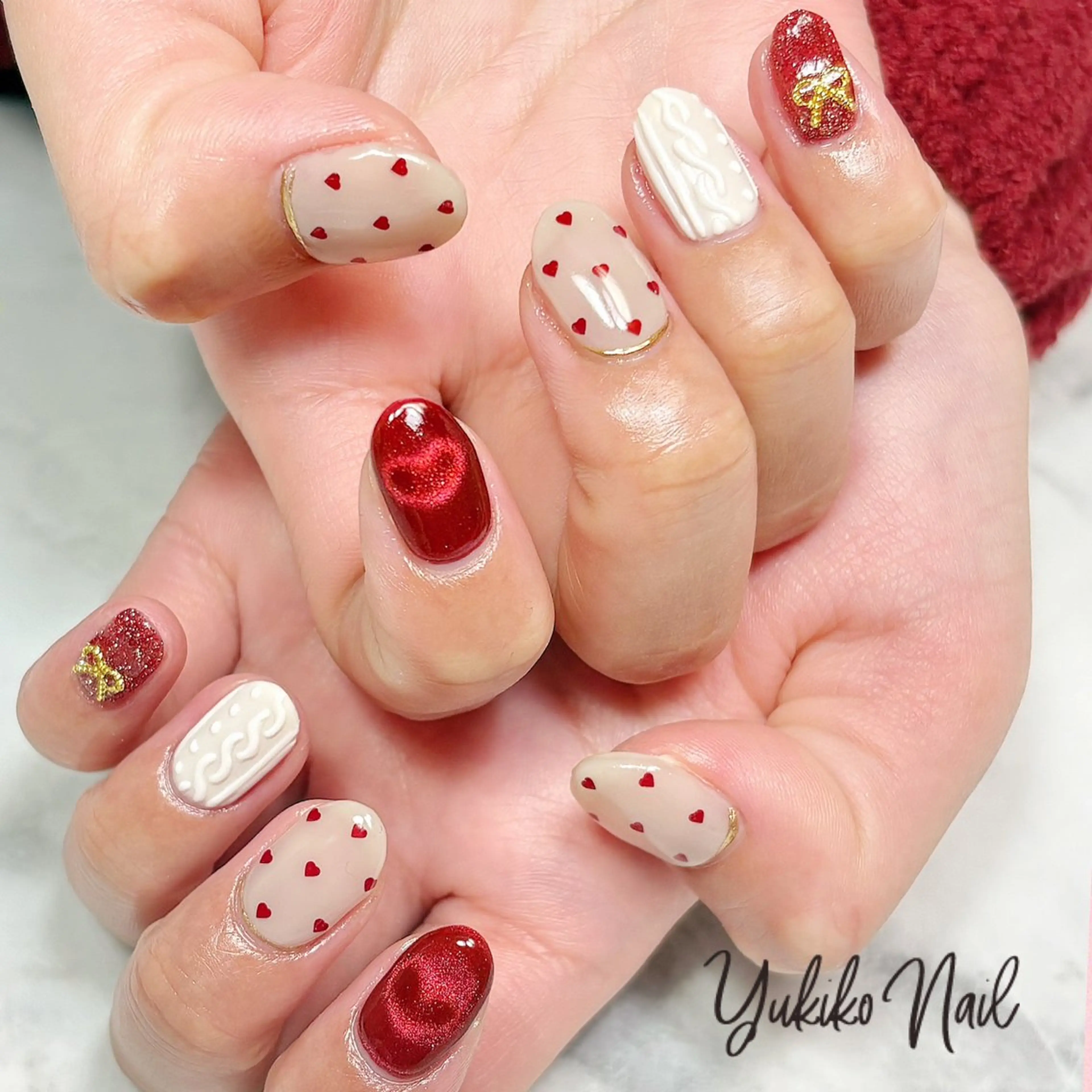 ネイル ハート 赤色 バレンタイン ハンドネイル ユキコ ネイルのネイルデザイン
