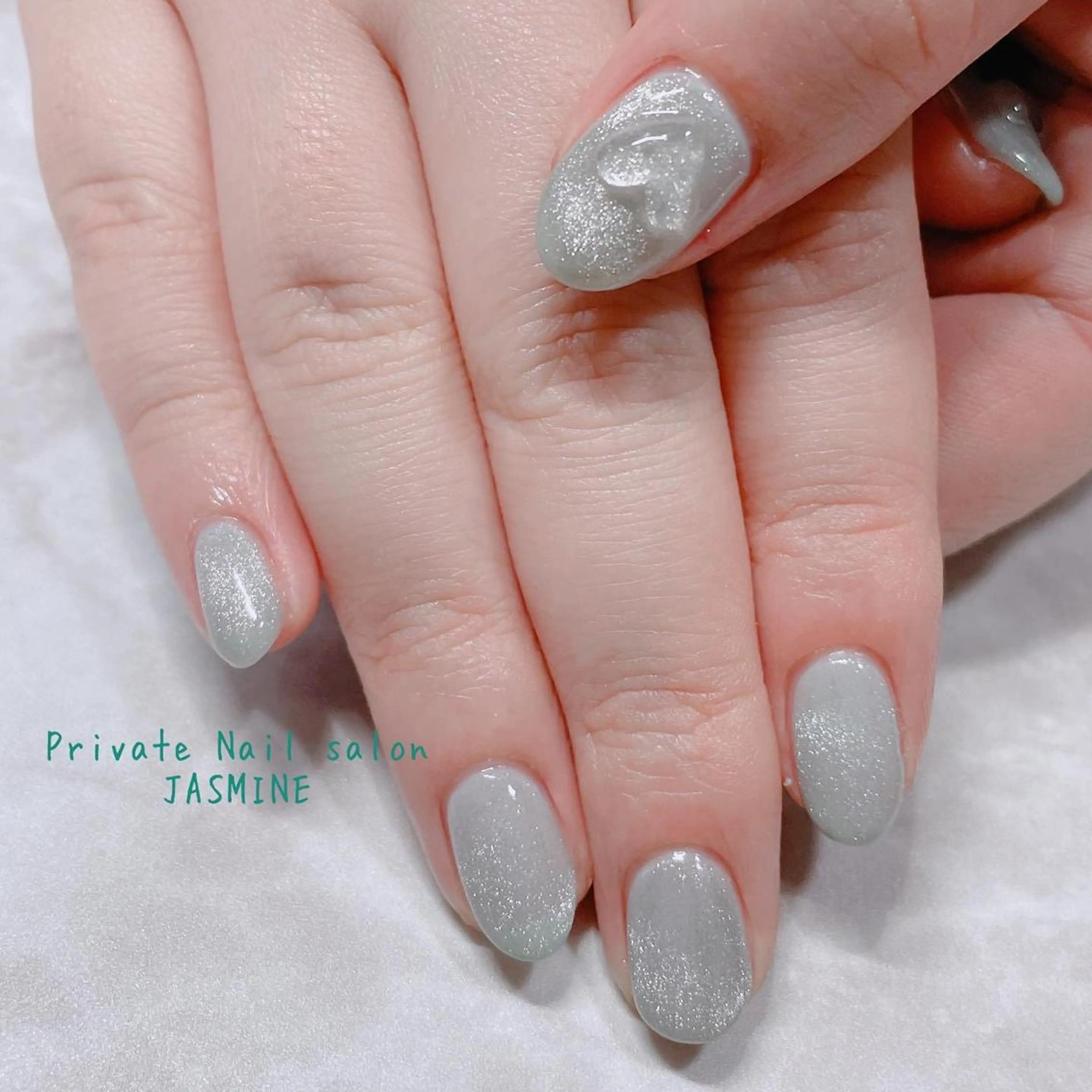 ネイル グリーン ハート マグネットネイル ぷっくりネイル ハンドネイル Nail salon JASMINEのネイルデザイン