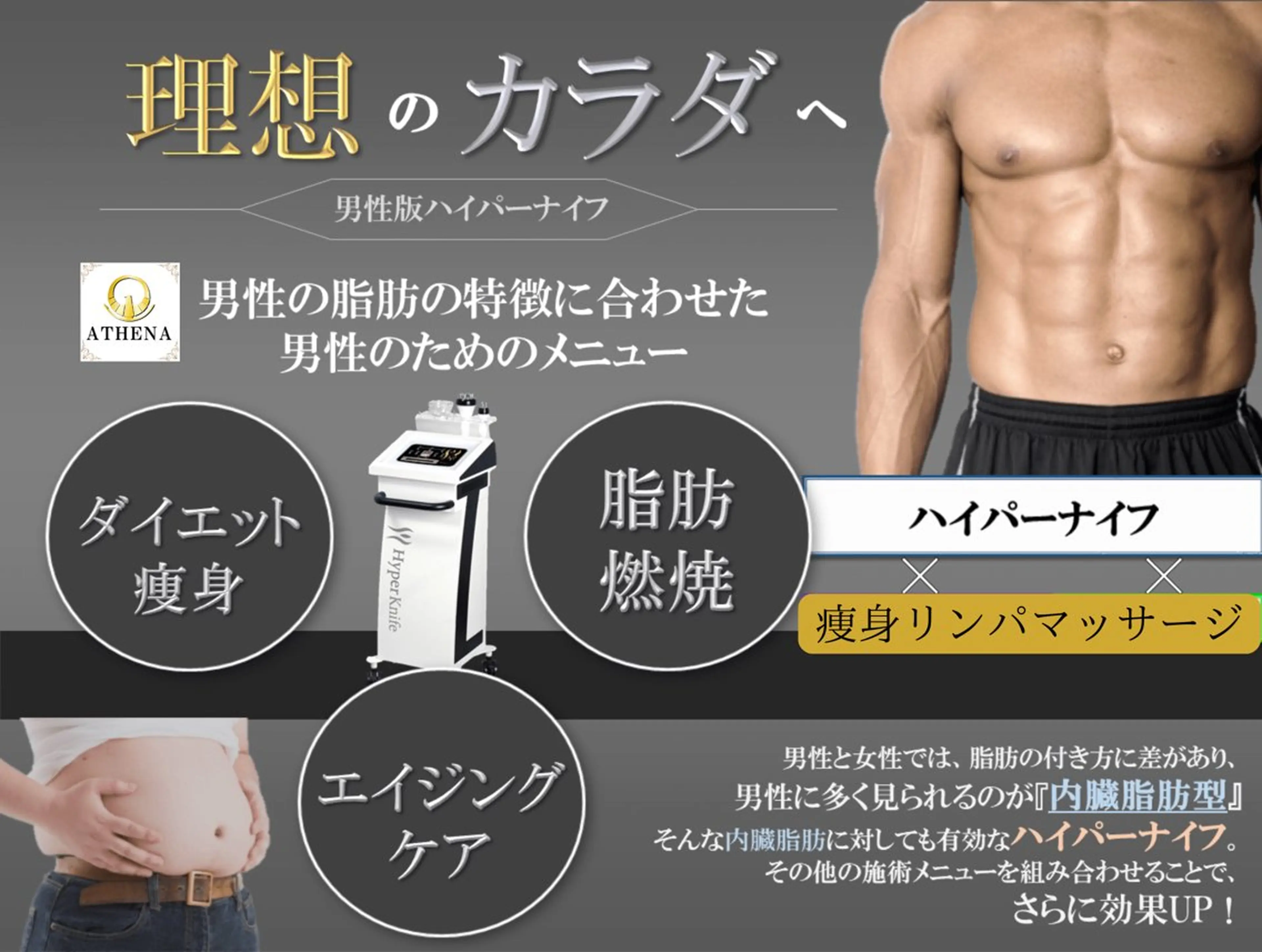 ◆メンズ【ハイパーナイフ＆ハイパーシェイプ】全身かけ放題＋ハンド痩身リンパマッサージ60分19800円→9800円の写真