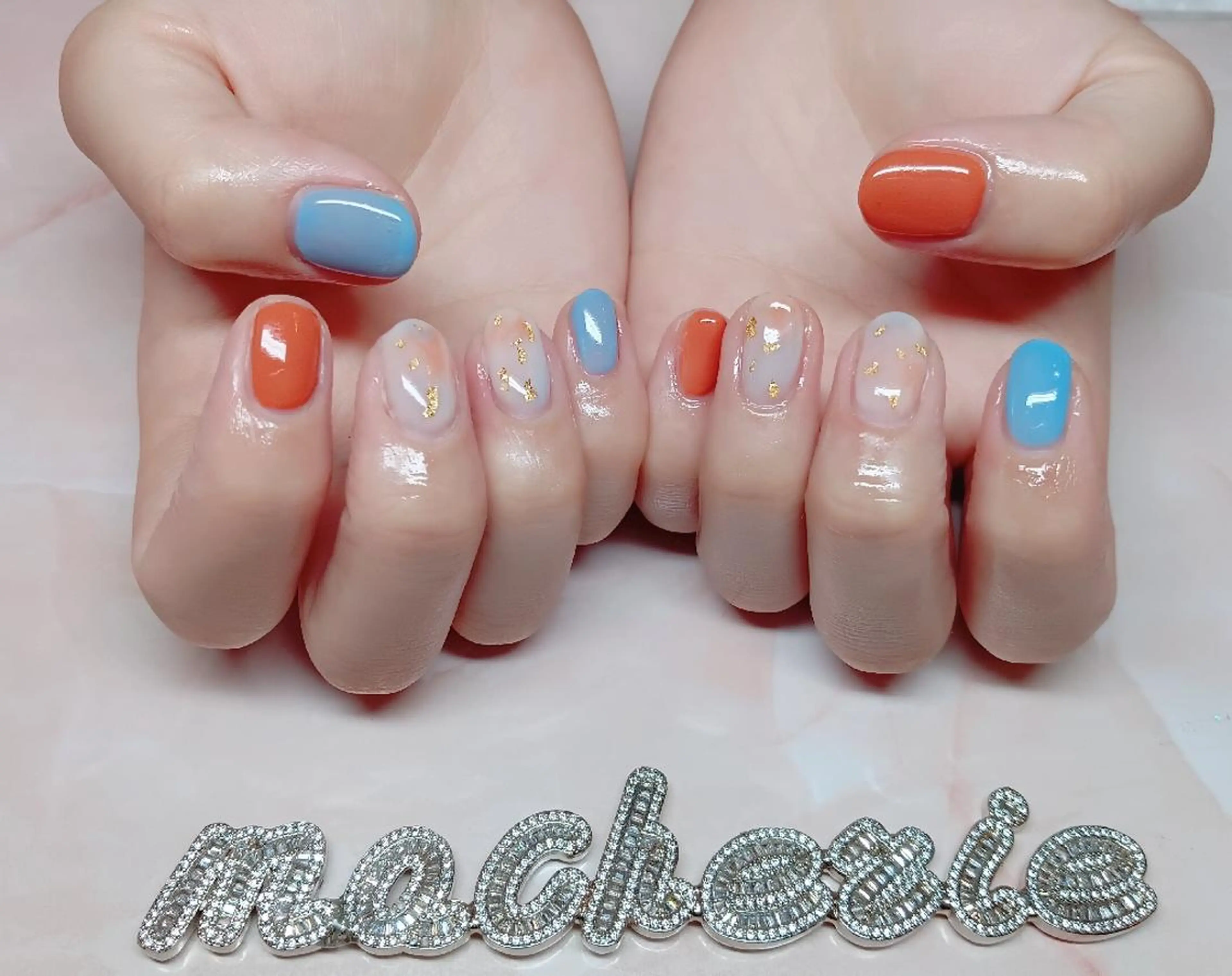 ネイル 水色 ニュアンスネイル オレンジ ハンドネイル Nail Salon macherieのネイルデザイン