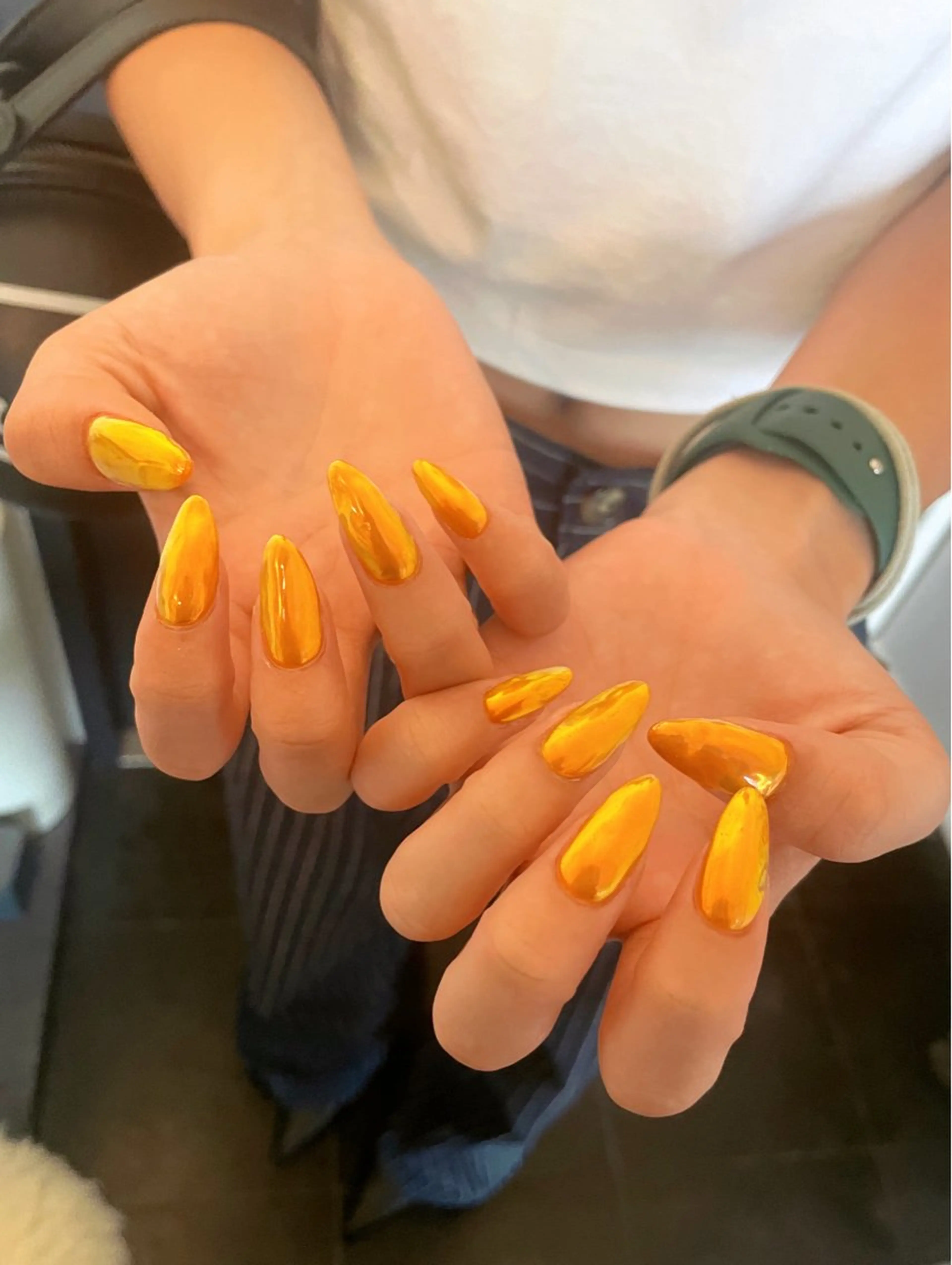 ネイル オーロラネイル ミラーネイル オレンジ 夏ネイル ma riのネイルデザイン