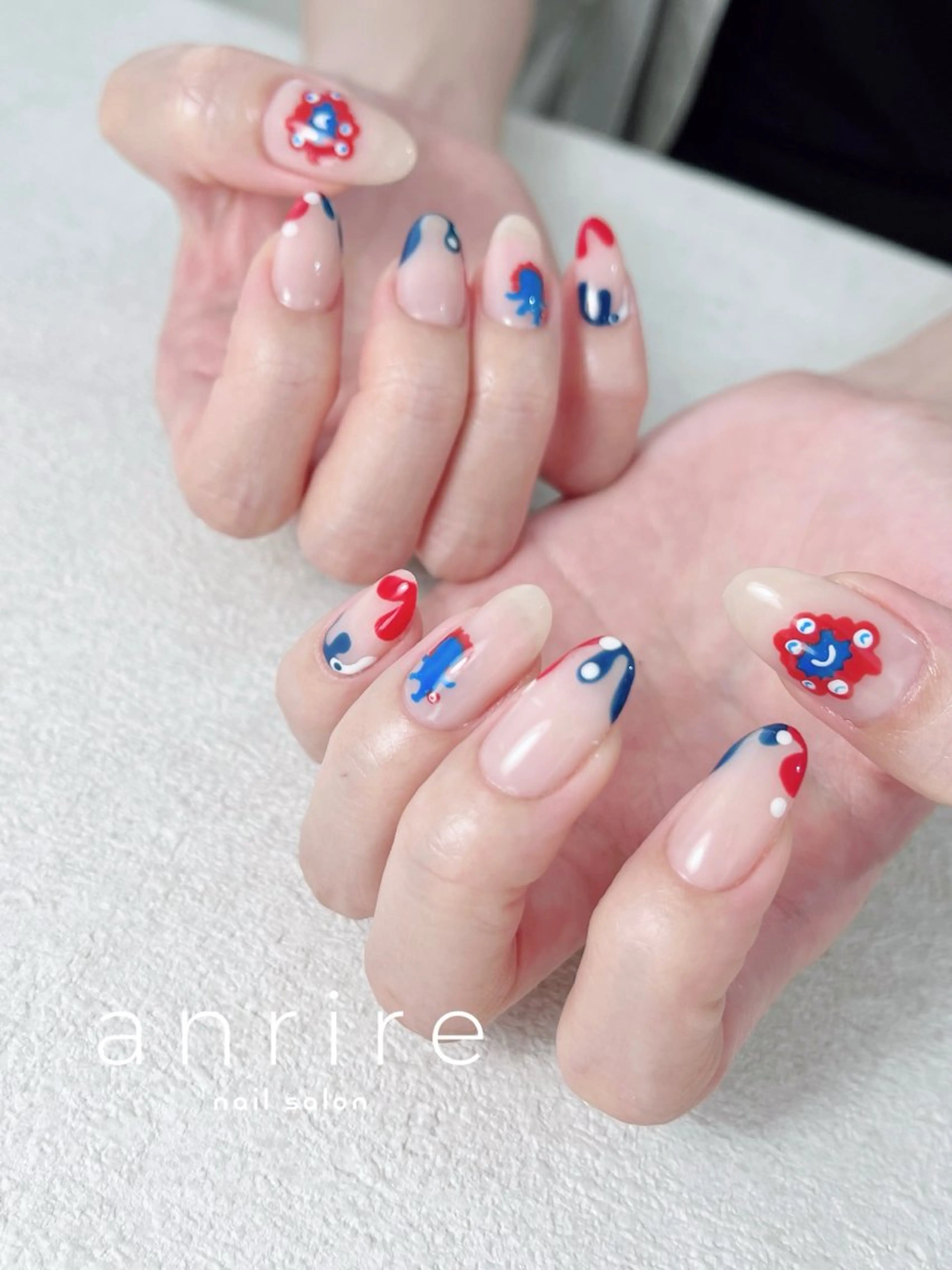 ネイル ブルー ジェルネイル パラジェル 赤色 夏ネイル ハンドネイル nail salon anrire〜アンリール〜所属・nailsalon anrireのネイルデザイン