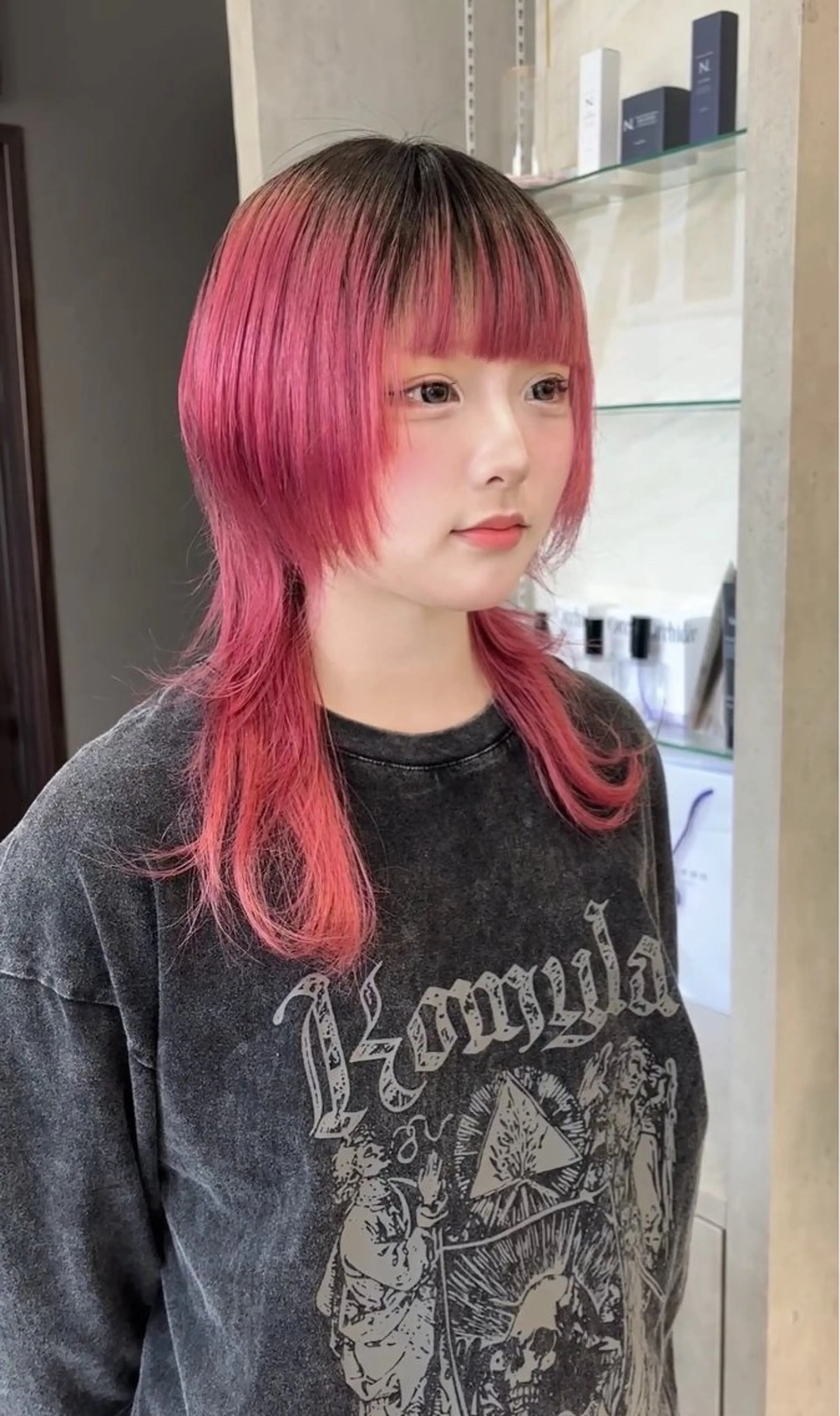 セミロング ヘアカラー トリートメント ヘアセット 韓国ヘア/ブリーチ無 しWカラー/オリーブのヘアスタイル