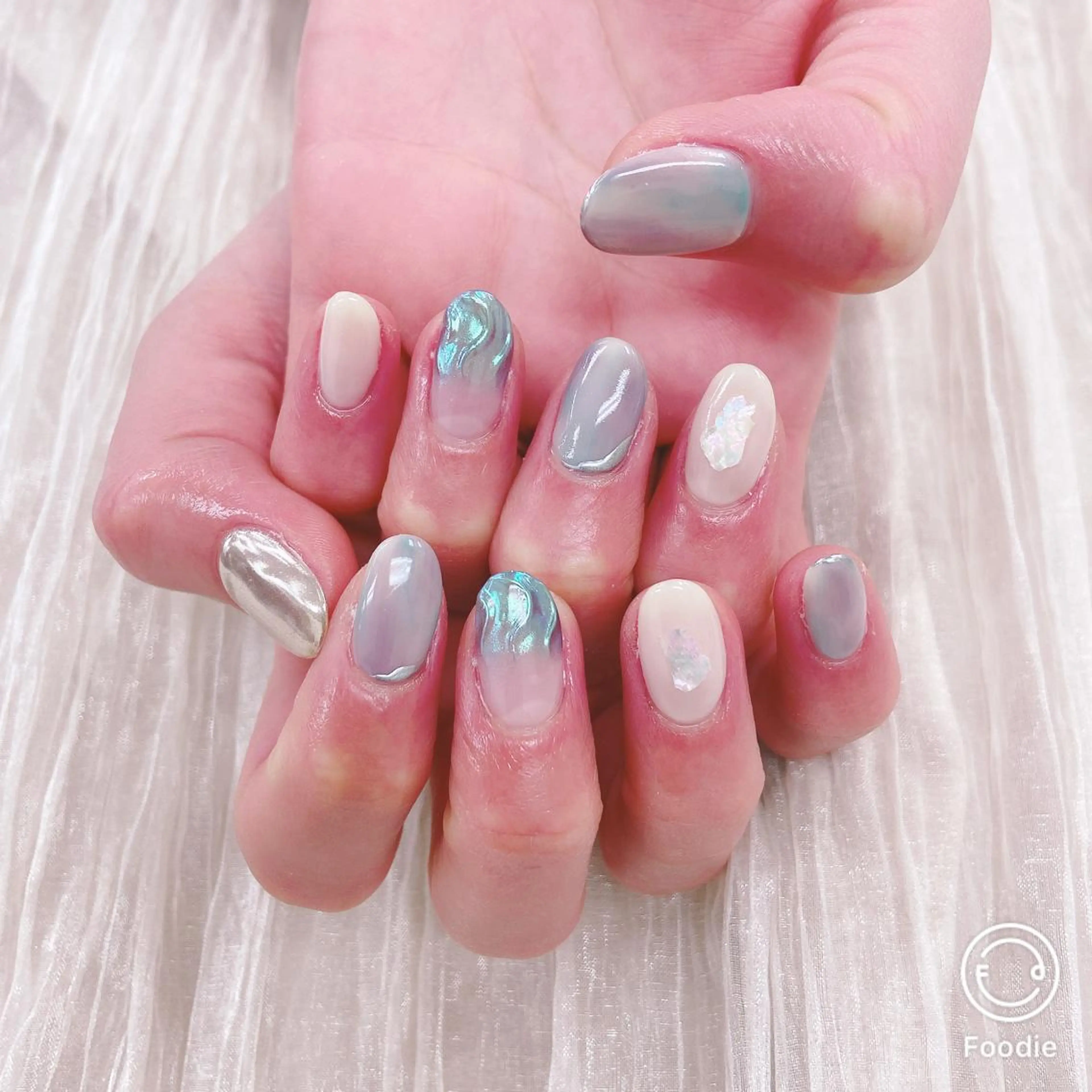 ネイル ブルー グリーン ミラーネイル ネイリスト あこのネイルデザイン