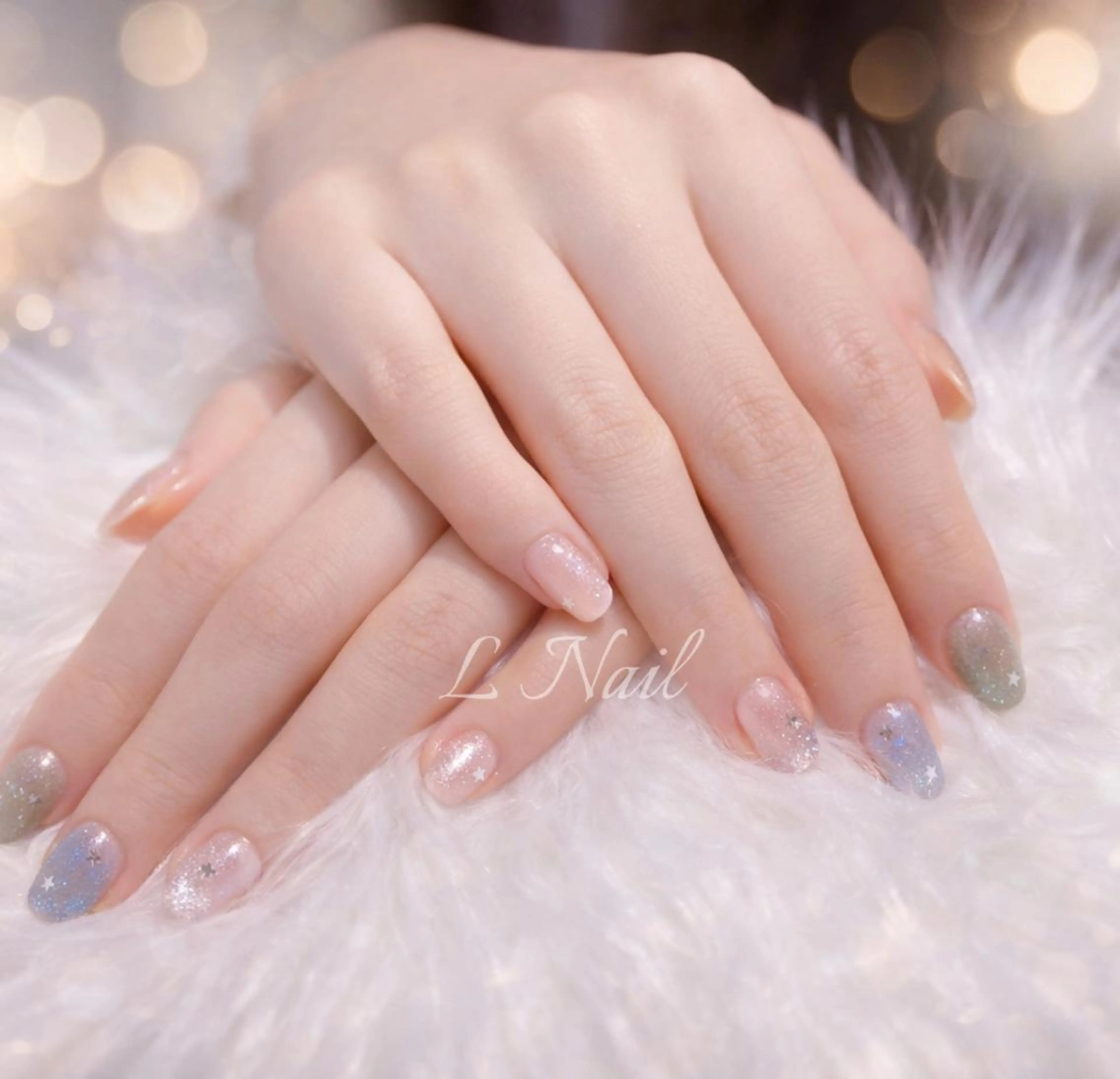 ネイル ドット ジェルネイル ガーリー レース リボン L Nailのネイルデザイン