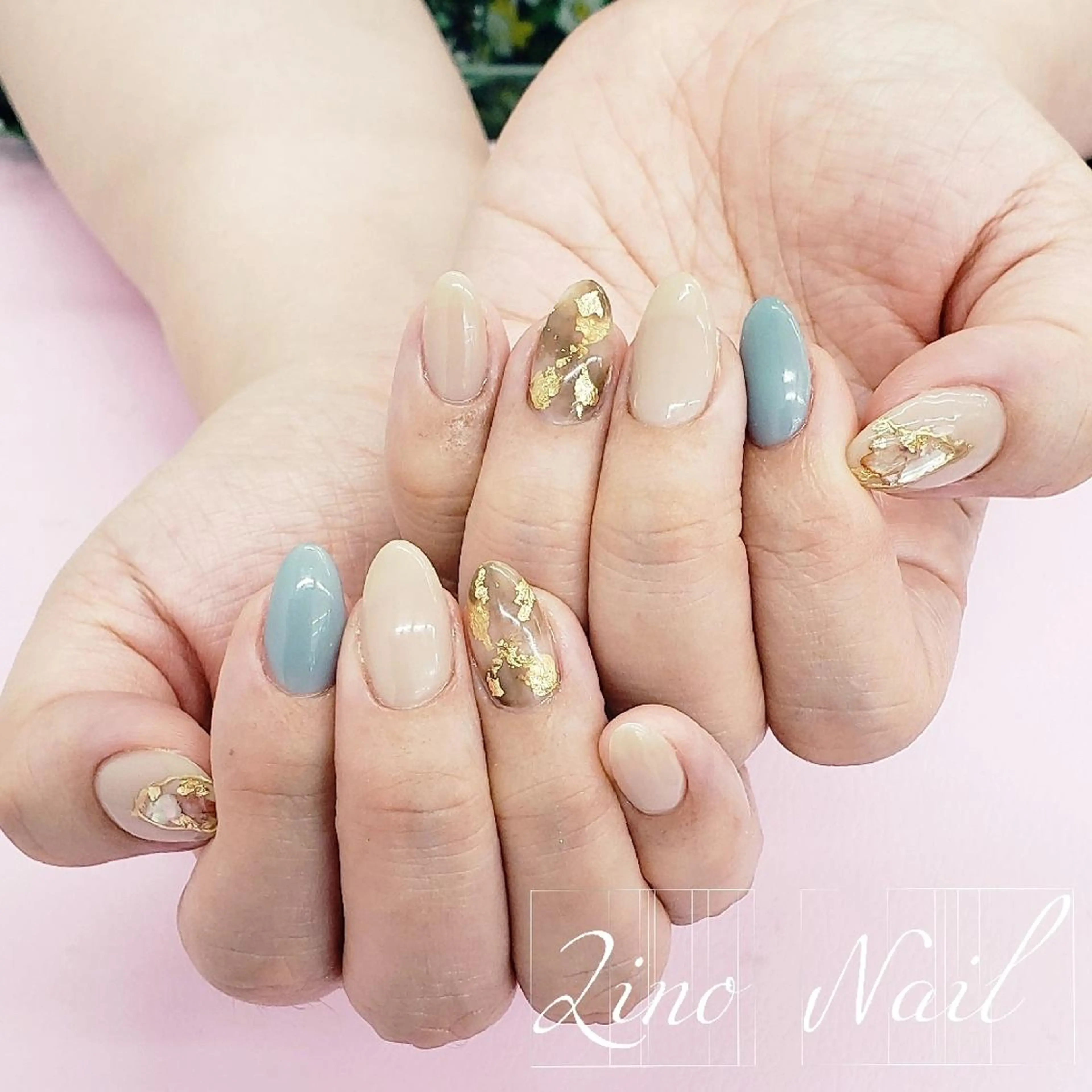 ネイル ブルー ブラウン カジュアル ジェルネイル キラキラネイル ハンドネイル Lino Nailのネイルデザイン