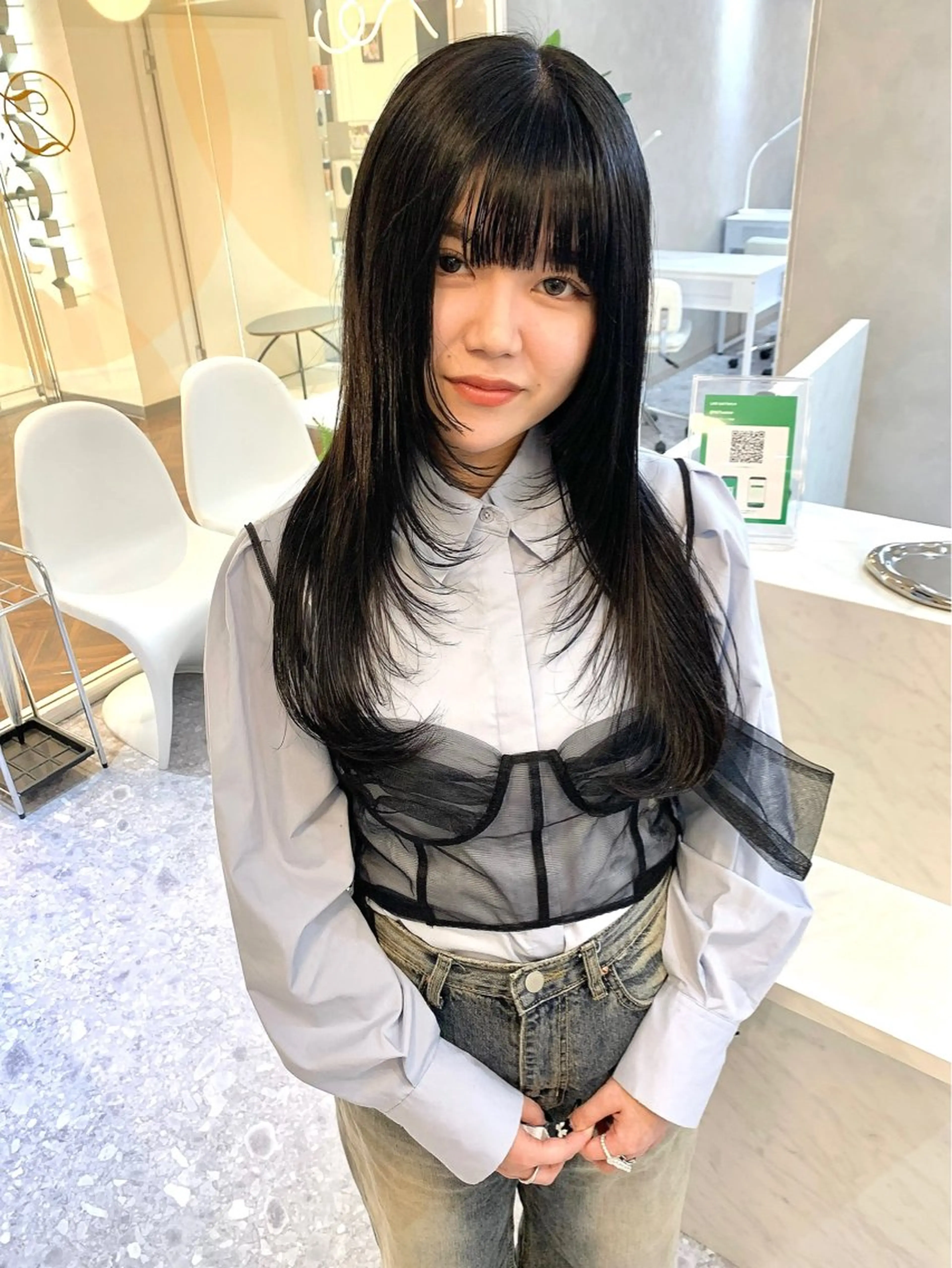 ロング カラー 黒髪 ブルーカラー ブルーブラック ケアカラー ボブ 韓国ヘア🇰🇷/ 顔周り/松田光里のヘアスタイル