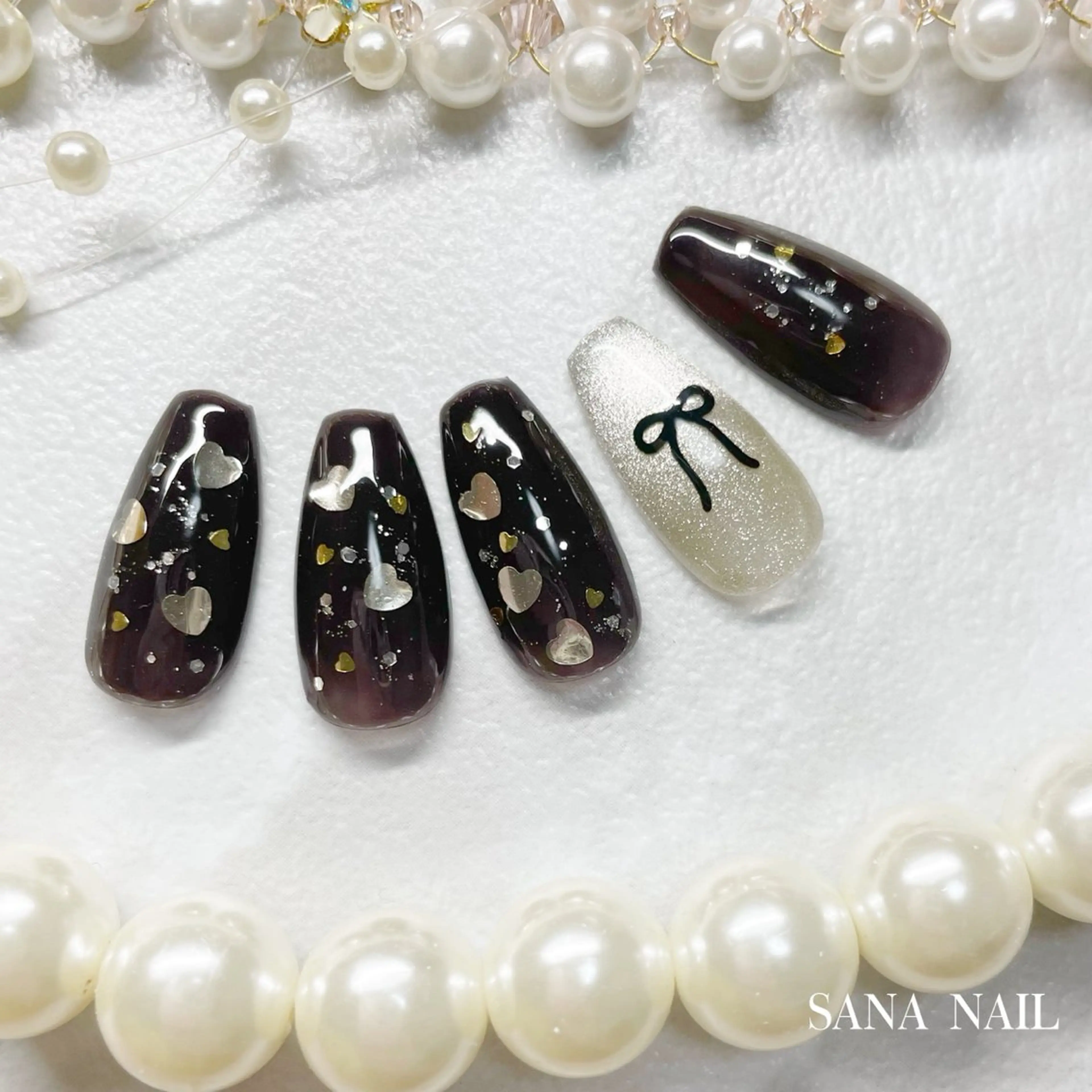 ネイル ブラウン ハート バレンタイン ハンドネイル nailsalon SANANAILのネイルデザイン
