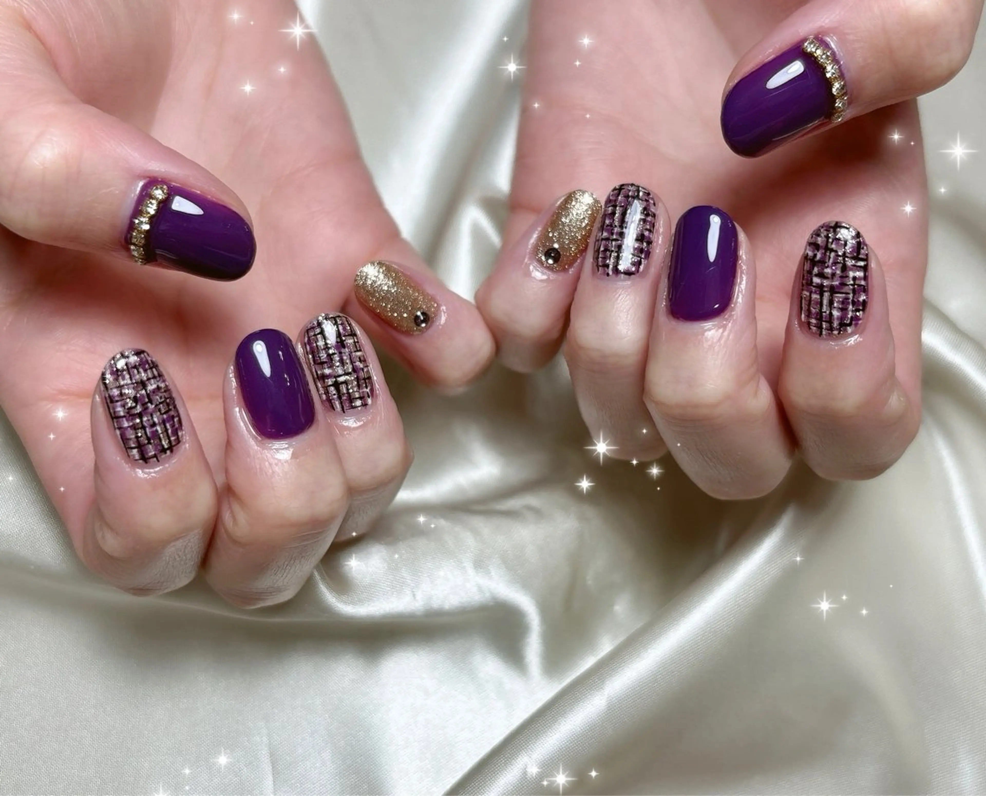 ネイル アートネイル パープル ツイードネイル ハンドネイル FLARE NAIL フレアネイルのネイルデザイン