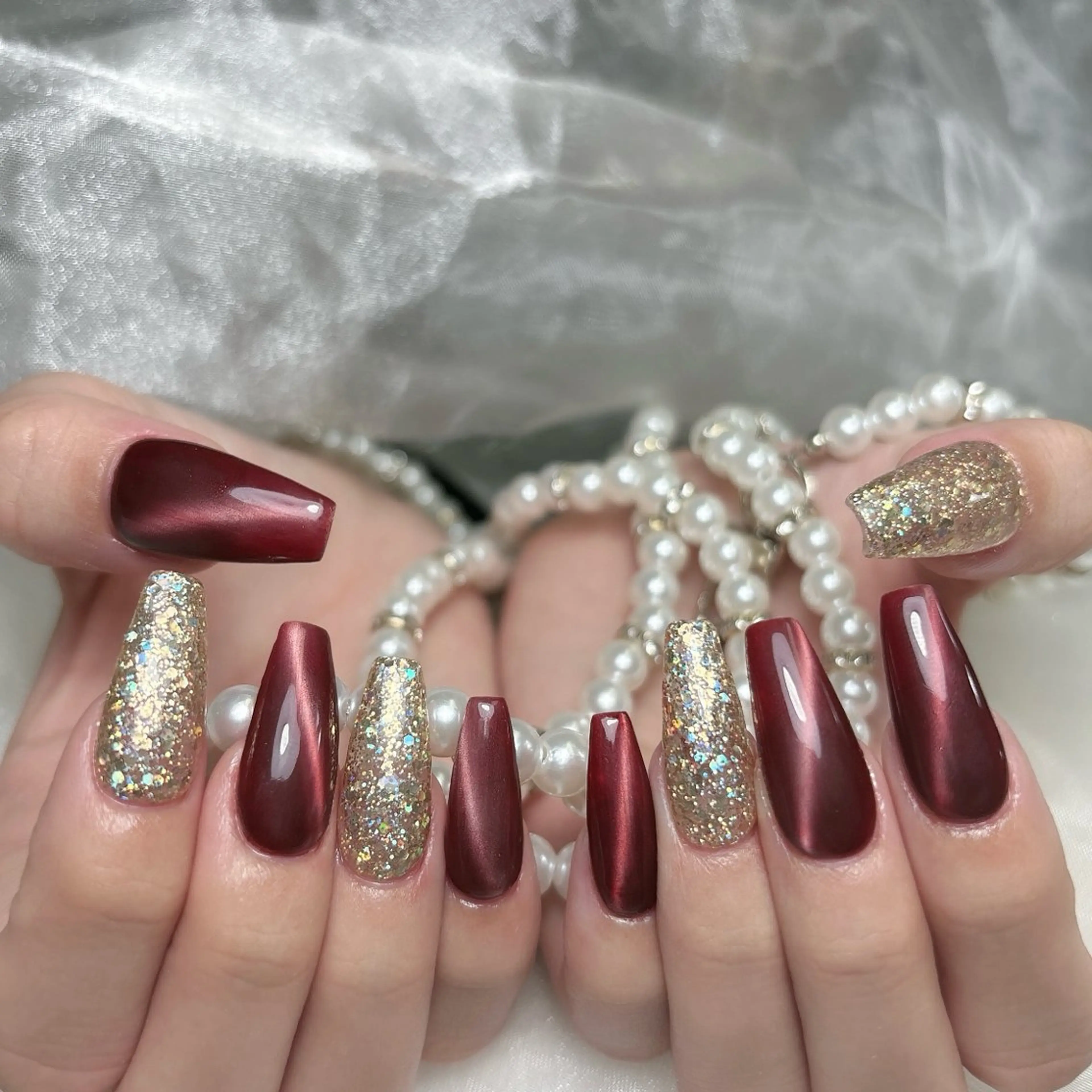 ネイル 成人式 ジェルネイル ロングネイル マグネットネイル 大理石ネイル(マーブル) ハンドネイル MoMoA Nail ネイル長さ出し専門店のネイルデザイン