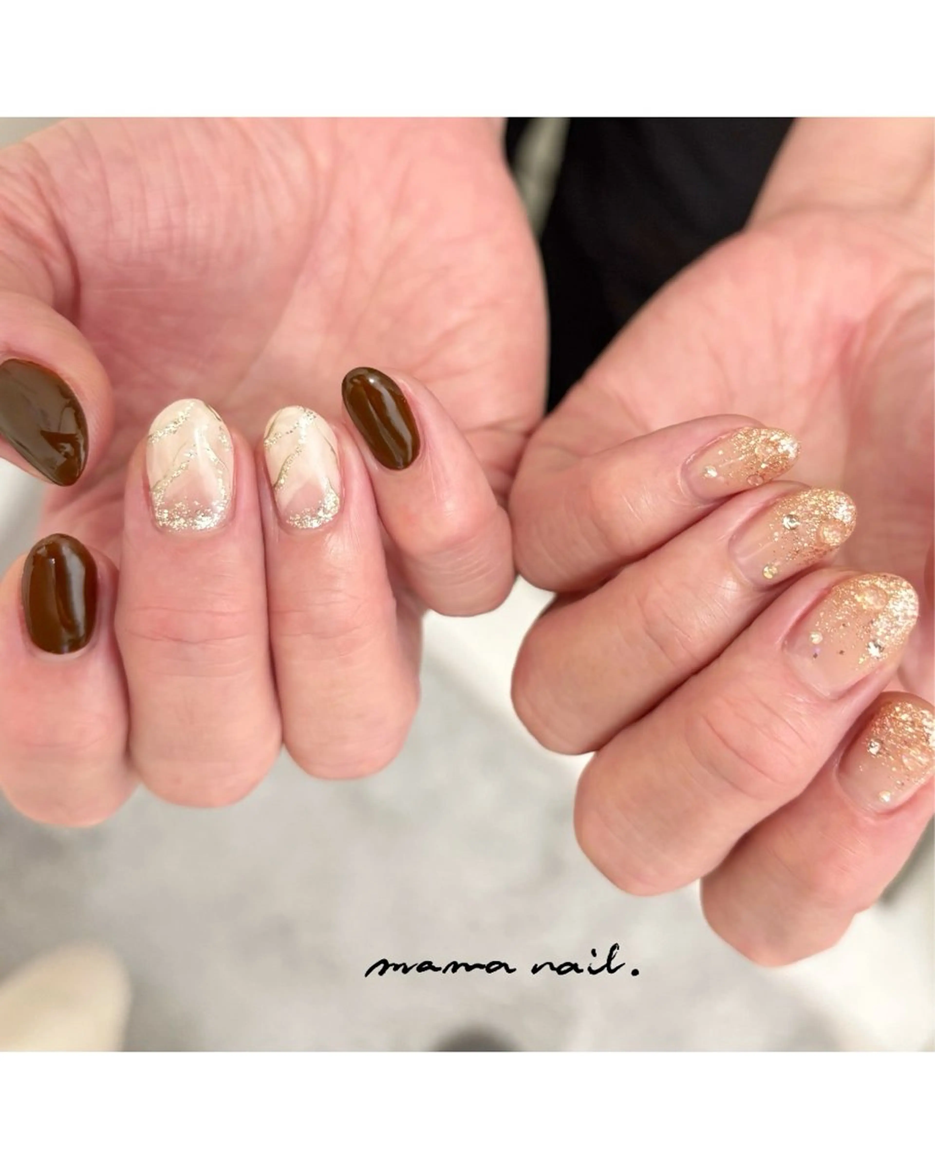 ネイル ブラウン ゴールド ラメ(グリッター) ワンカラーネイル シンプルネイル ネイルサロン mama nailのネイルデザイン