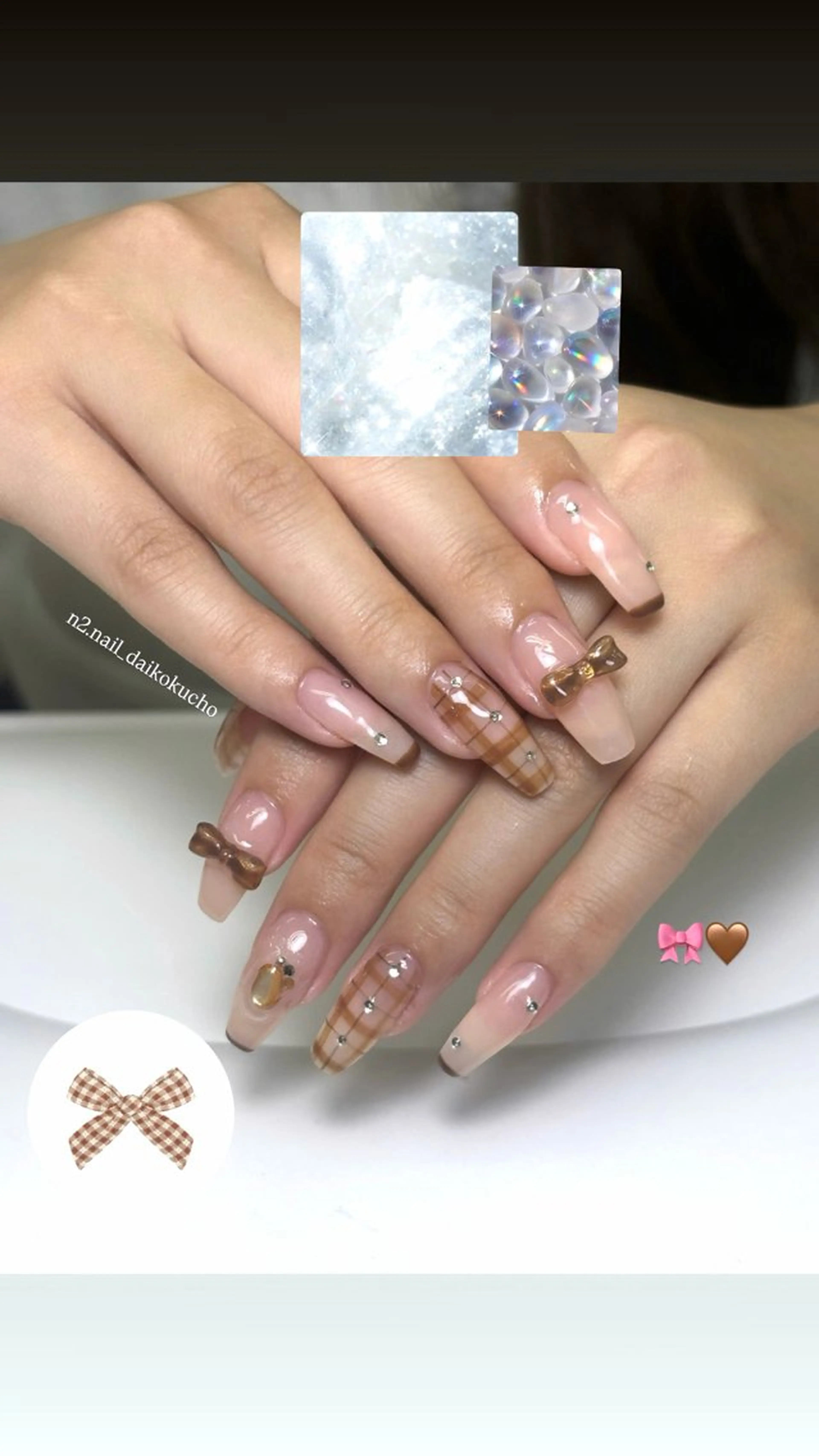 ネイル ブラウン ジェルネイル ガーリー 韓国ネイル リボン N2 nailのネイルデザイン