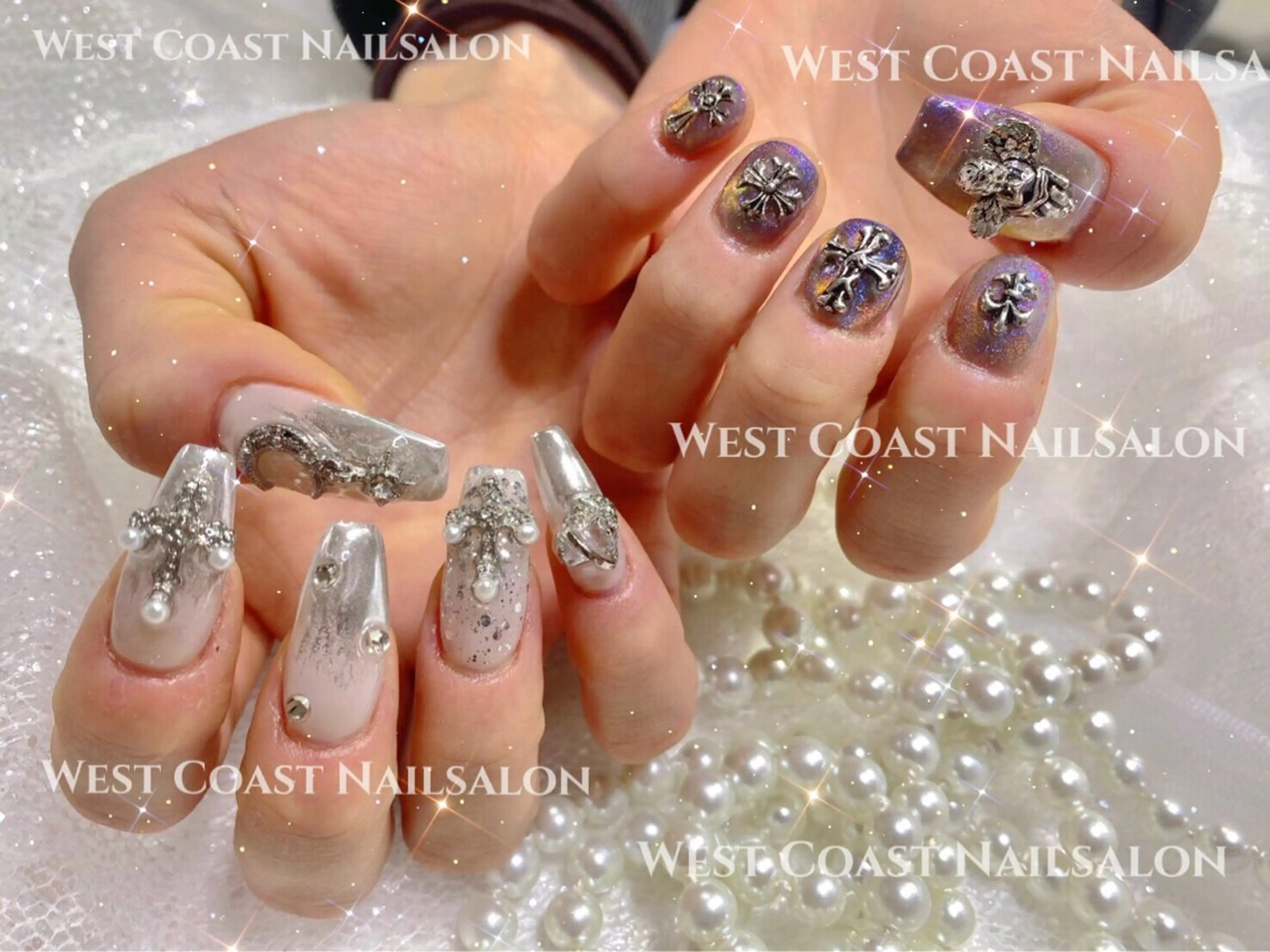 ネイル ハンドネイル リボン、ガーリー パーツ放題専門店のネイルデザイン