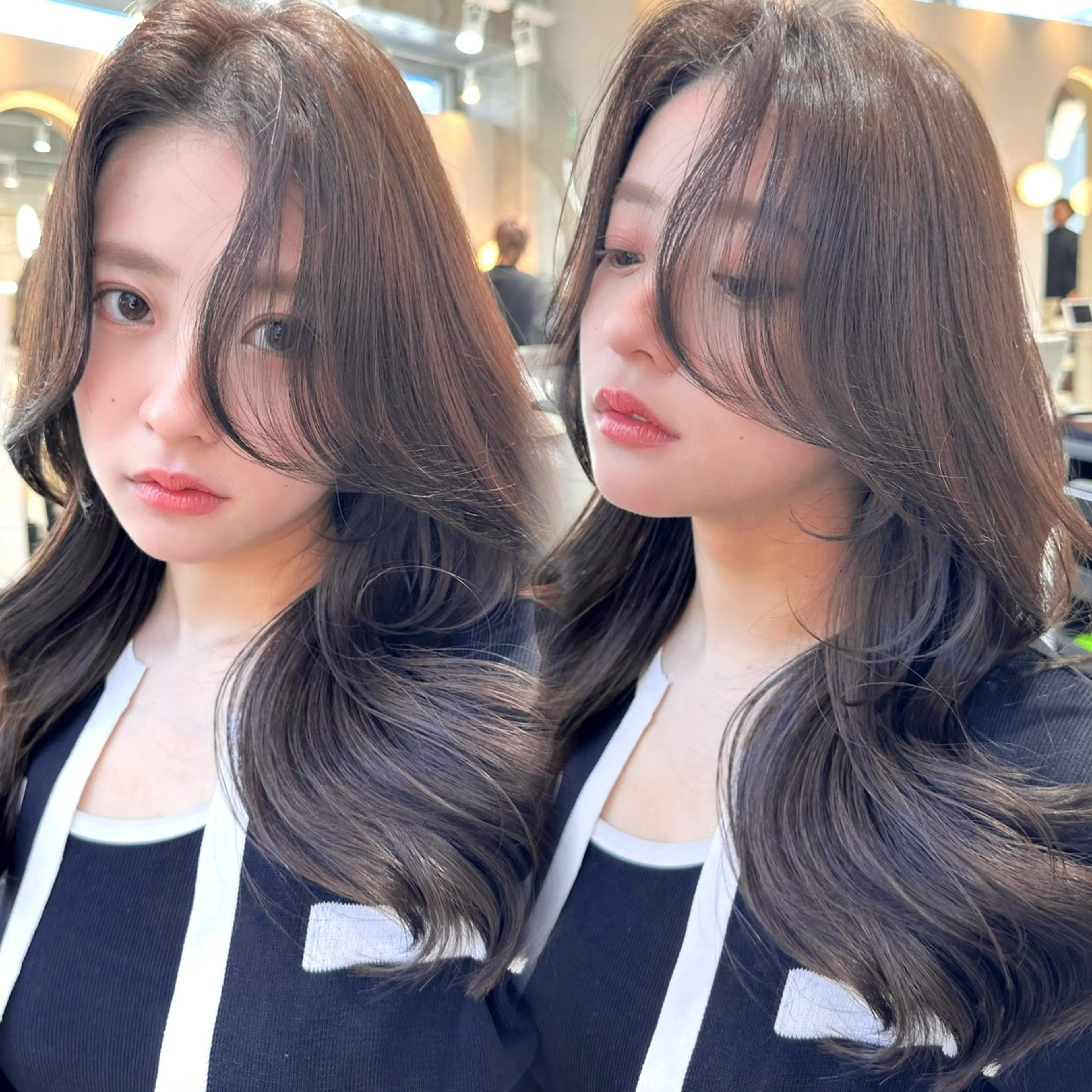 セミロング ケアカラー ピンクブラウン くびれヘア ハイレイヤー 髪質改善 カット ヘアカラー トリートメント ヘアセット 新宿/韓国レイヤー 髪質改善カラー/角所のヘアスタイル