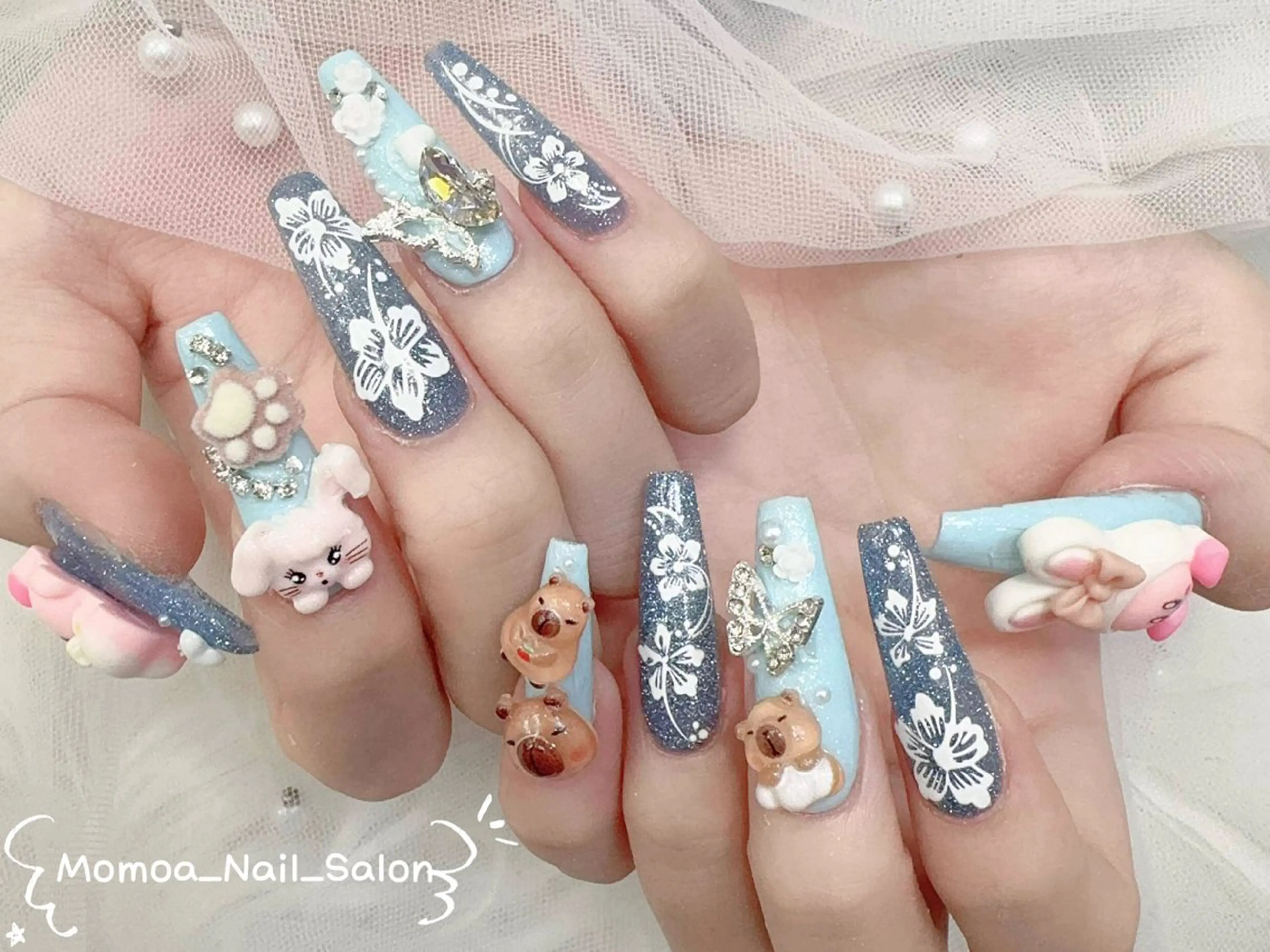 ネイル 成人式 ロングネイル マグネットネイル 大理石ネイル(マーブル) リボン ハンドネイル MoMoA Nail ネイル長さ出し専門店のネイルデザイン