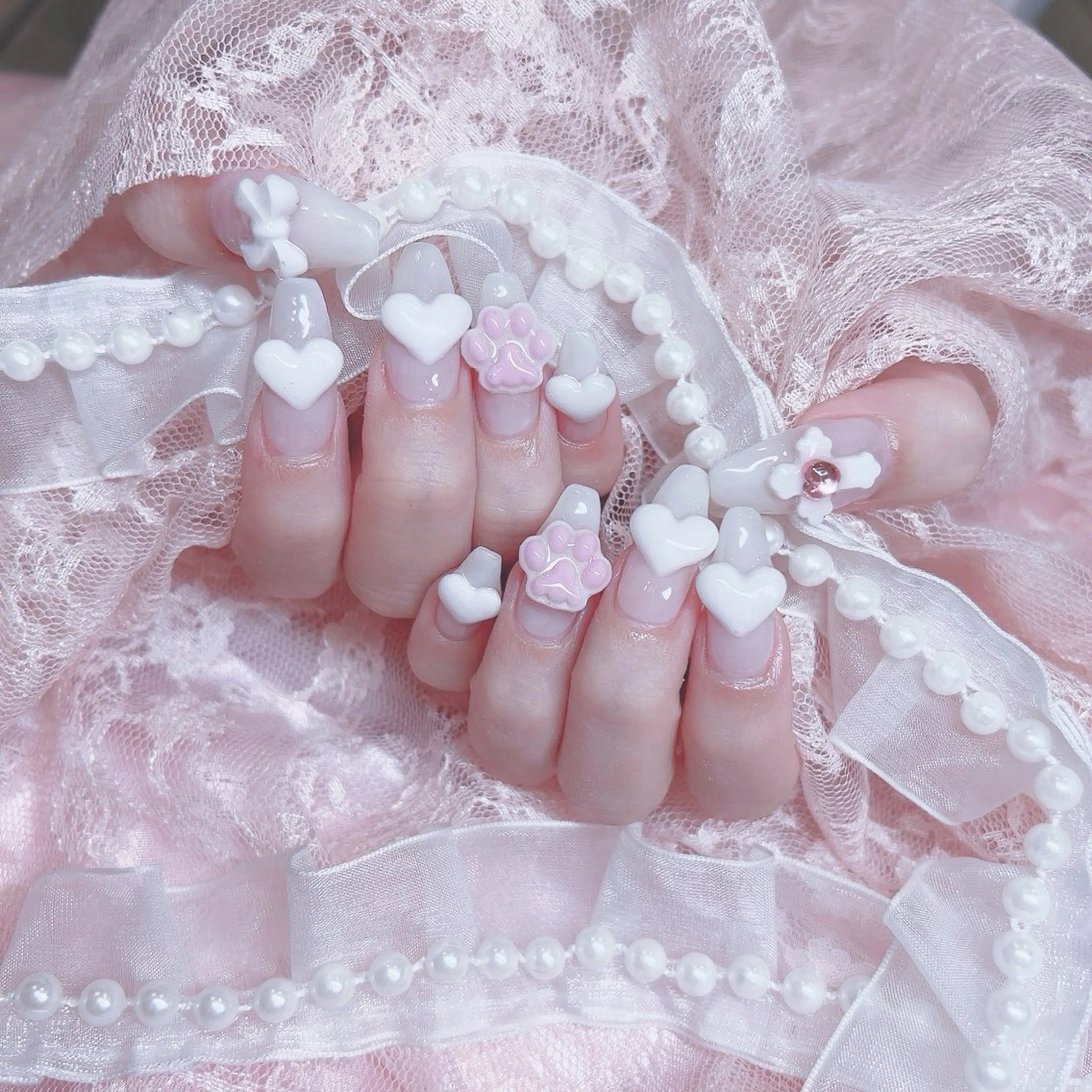 ネイル ハート ピンク リボン ハンドネイル Nail lieNのネイルデザイン