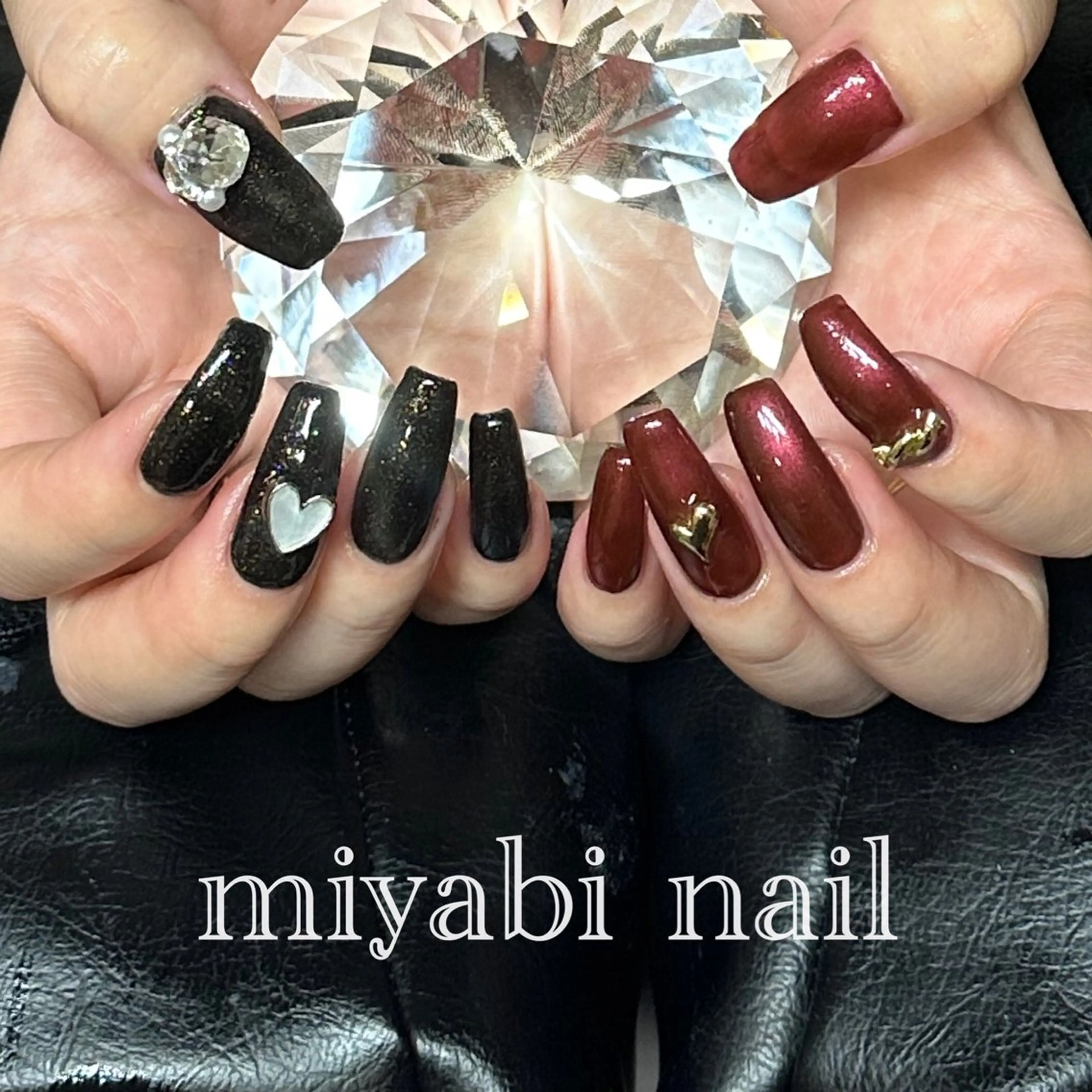 ネイル ボルドー ラメ(グリッター) ロングネイル 持ち込み ハンドネイル miyabi nail 桂川駅近くのネイルデザイン