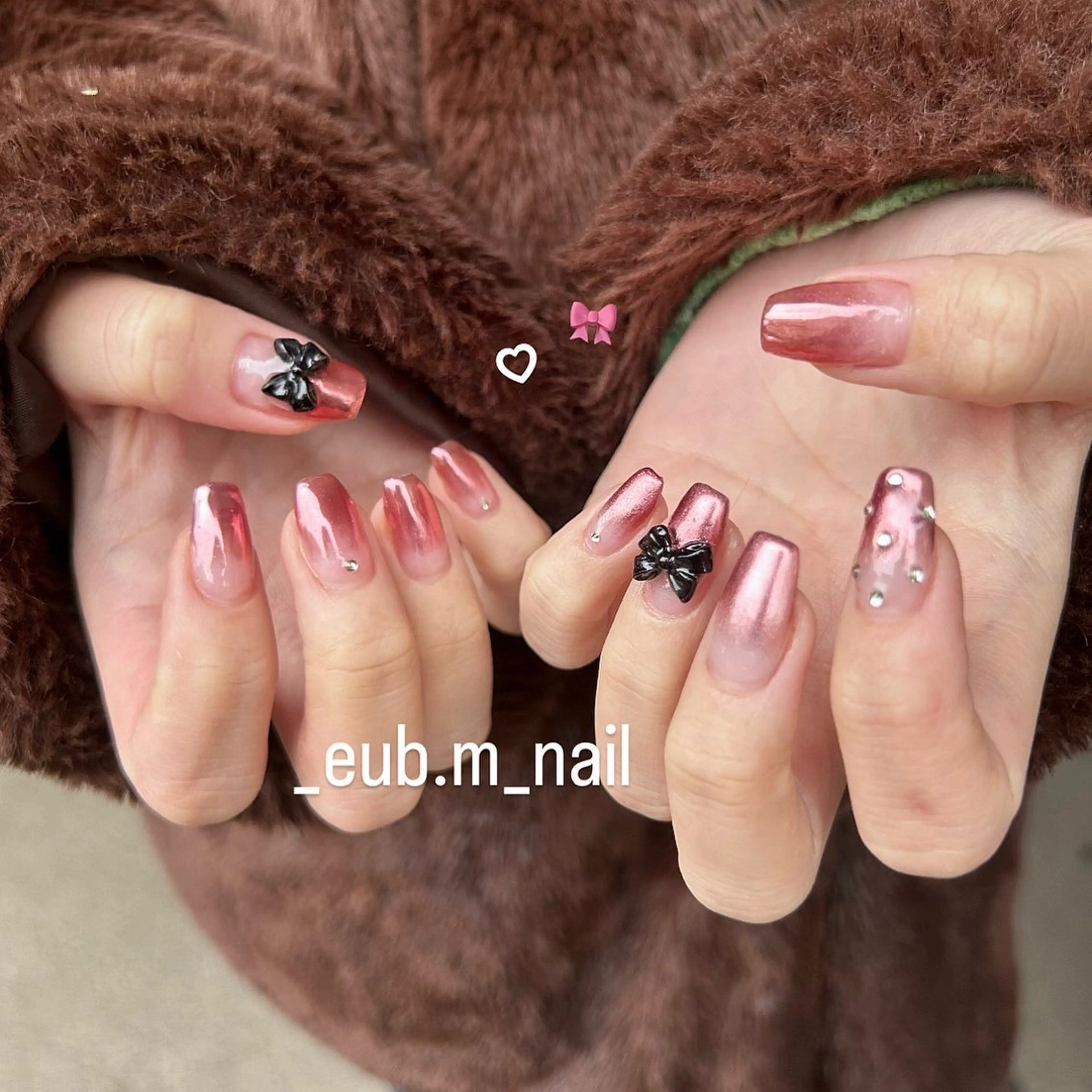ネイル グラデーション ミラーネイル ピンク リボン 春ネイル 深夜ネイルサロン eub.m_nailのネイルデザイン