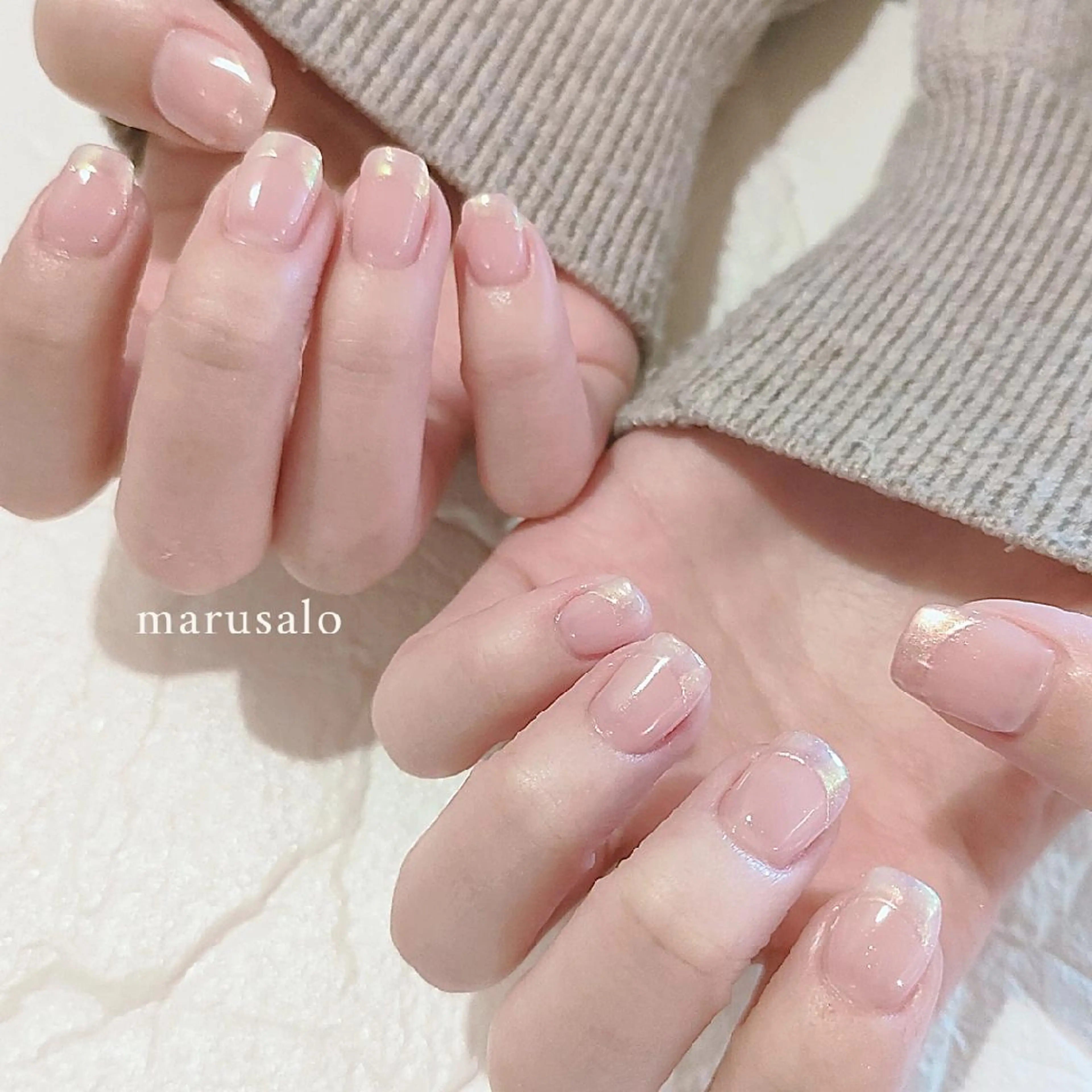 ネイル オーロラネイル フレンチネイル ミラーネイル ピンク 春ネイル ハンドネイル marusalo nailのネイルデザイン