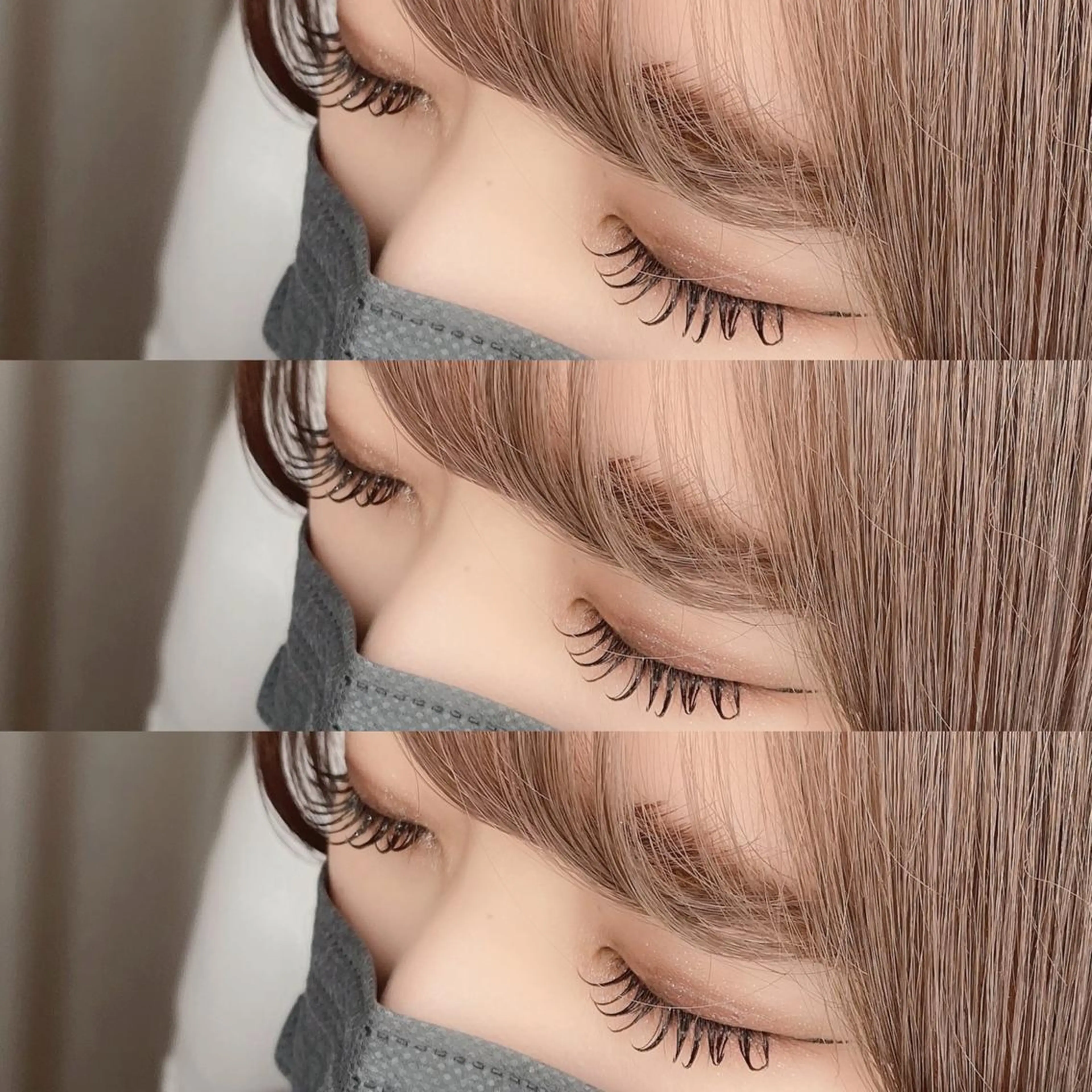 マツエク・マツパ 束感まつ毛 フラットラッシュ 韓国風マツエク パリジェンヌラッシュリフト ボリュームラッシュ 肌に馴染むハイトーン /ミルクティーカラーのヘアスタイル