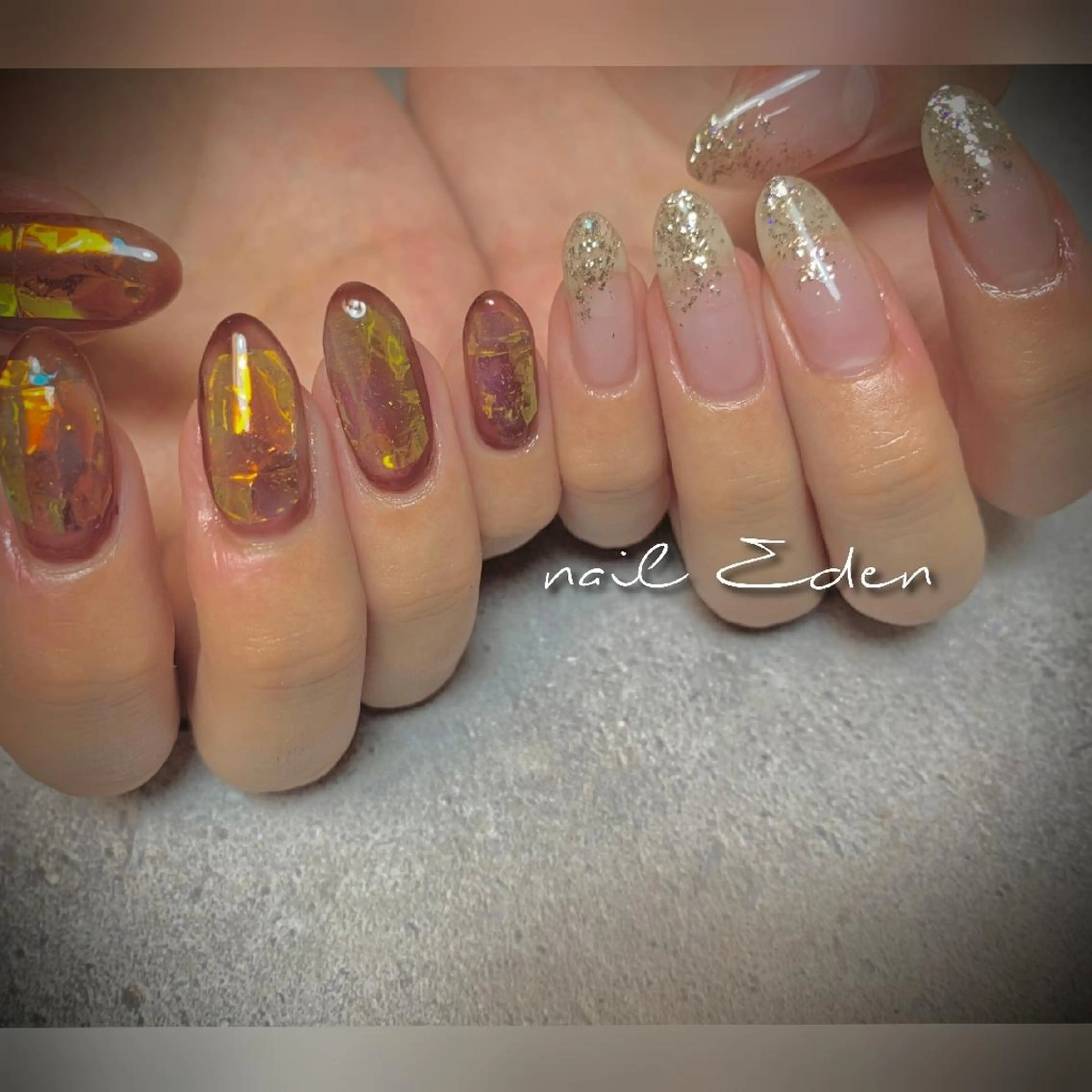 ネイル オーロラネイル ブラウン ハンドネイル ハンドケア Eden　private nail saron所属・Eden ♾️のネイルデザイン