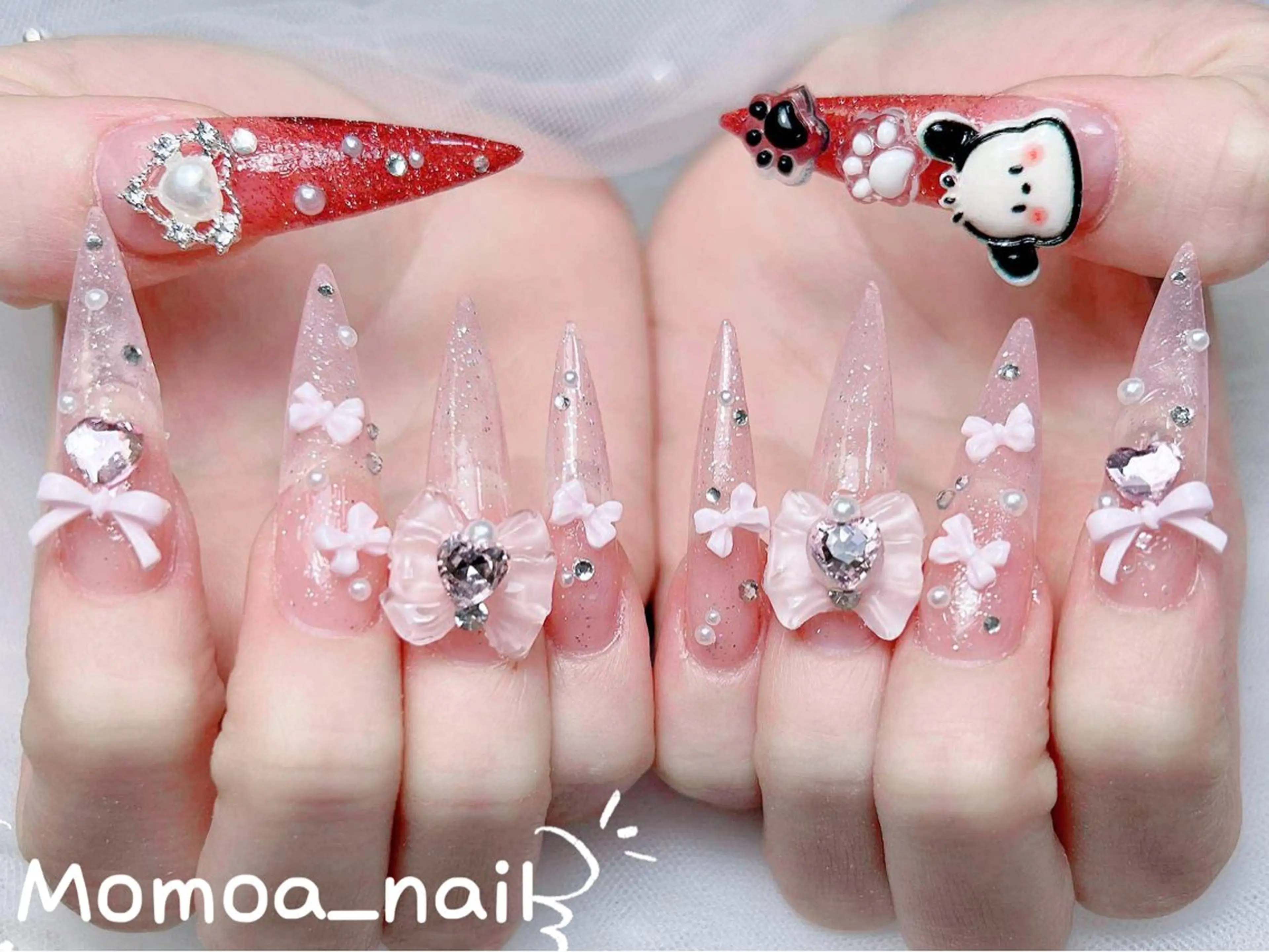 ネイル 成人式 ロングネイル マグネットネイル 大理石ネイル(マーブル) リボン ハンドネイル MoMoA Nail ネイル長さ出し専門店のネイルデザイン