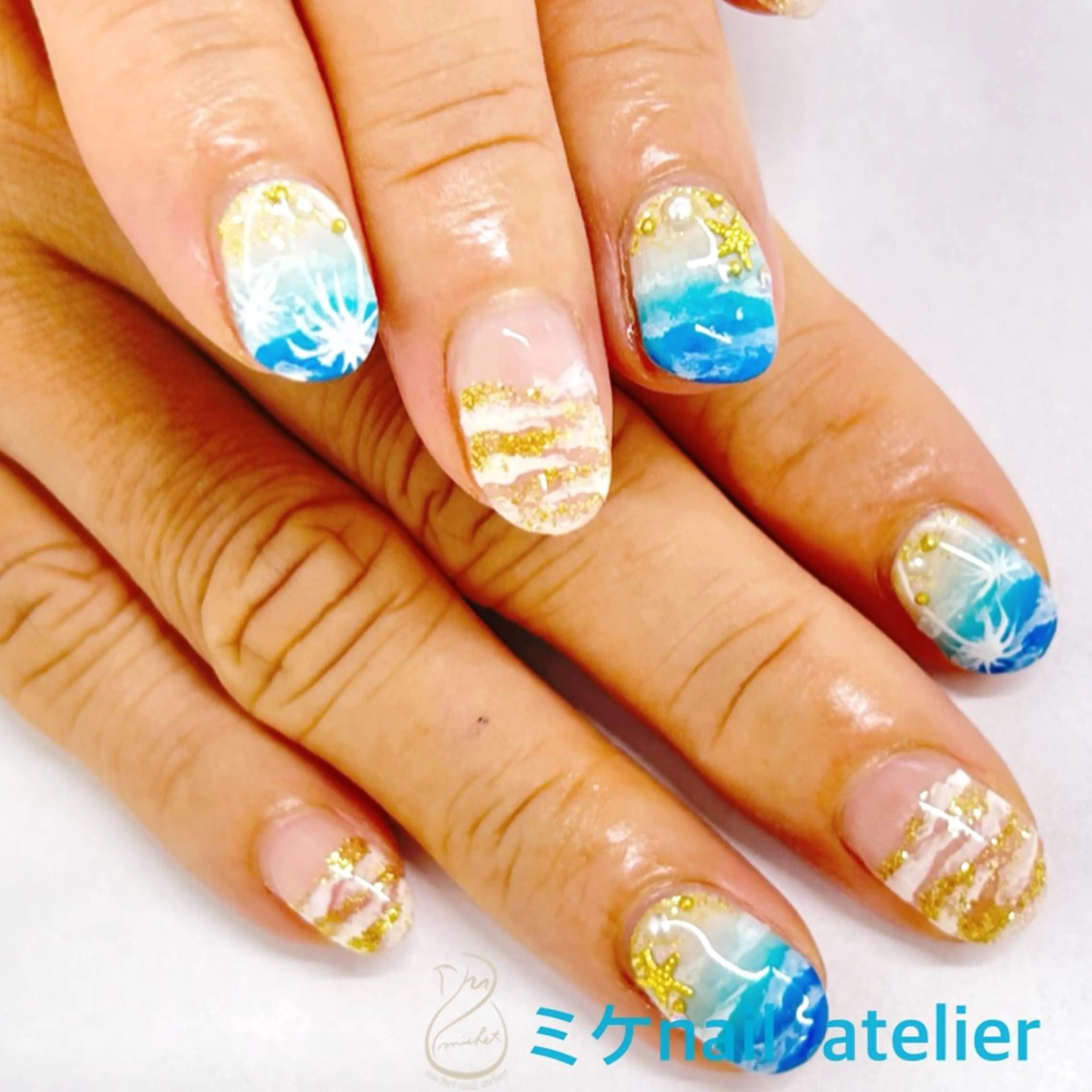 ネイル アートネイル ブルー ジェルネイル ゴールド 夏ネイル ハンドネイル h. rikaのネイルデザイン
