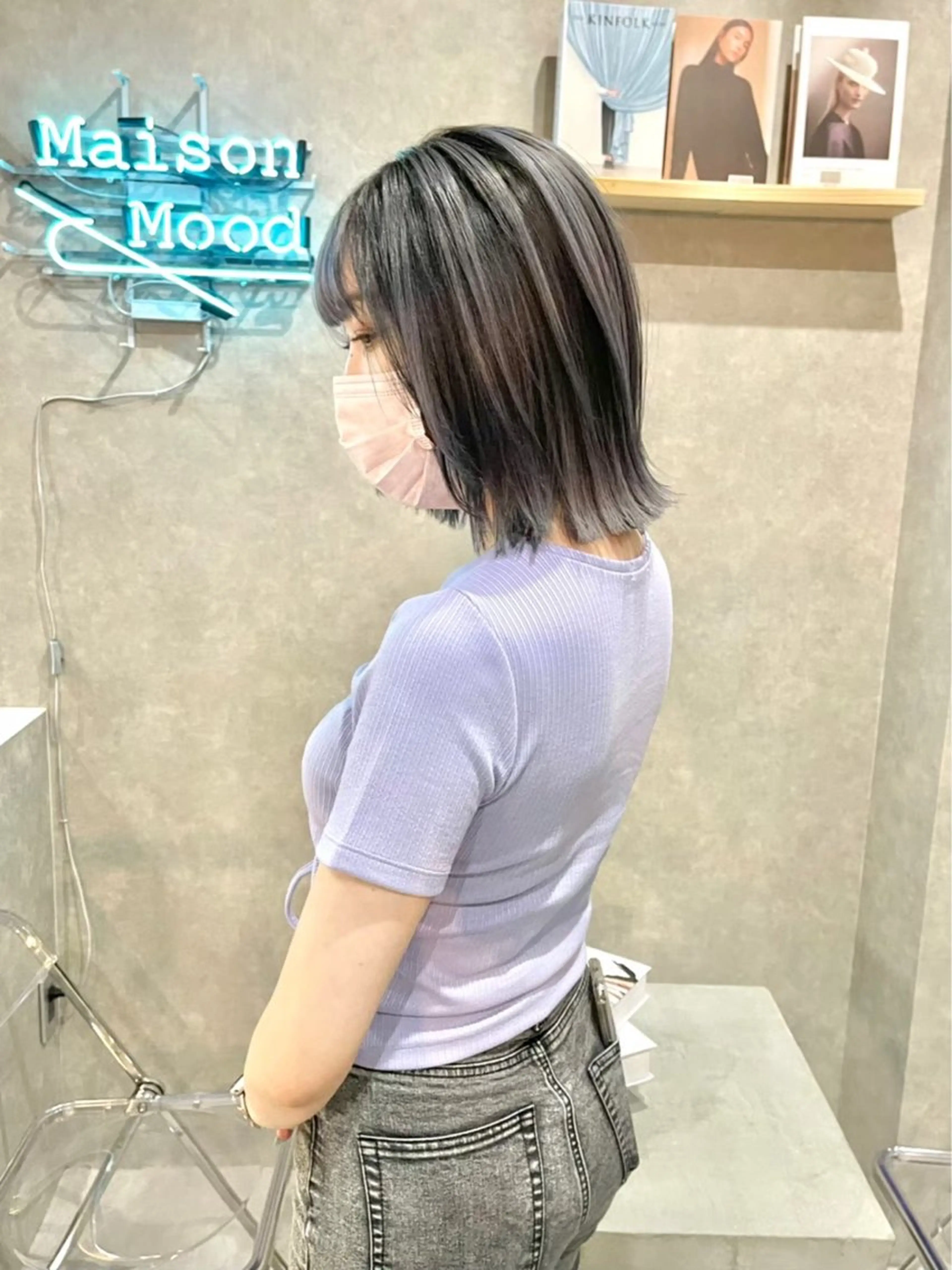 ミディアム カラー アッシュ ミストバング ベージュカラー ブリーチ デザインカラー 長谷川 湧のヘアスタイル