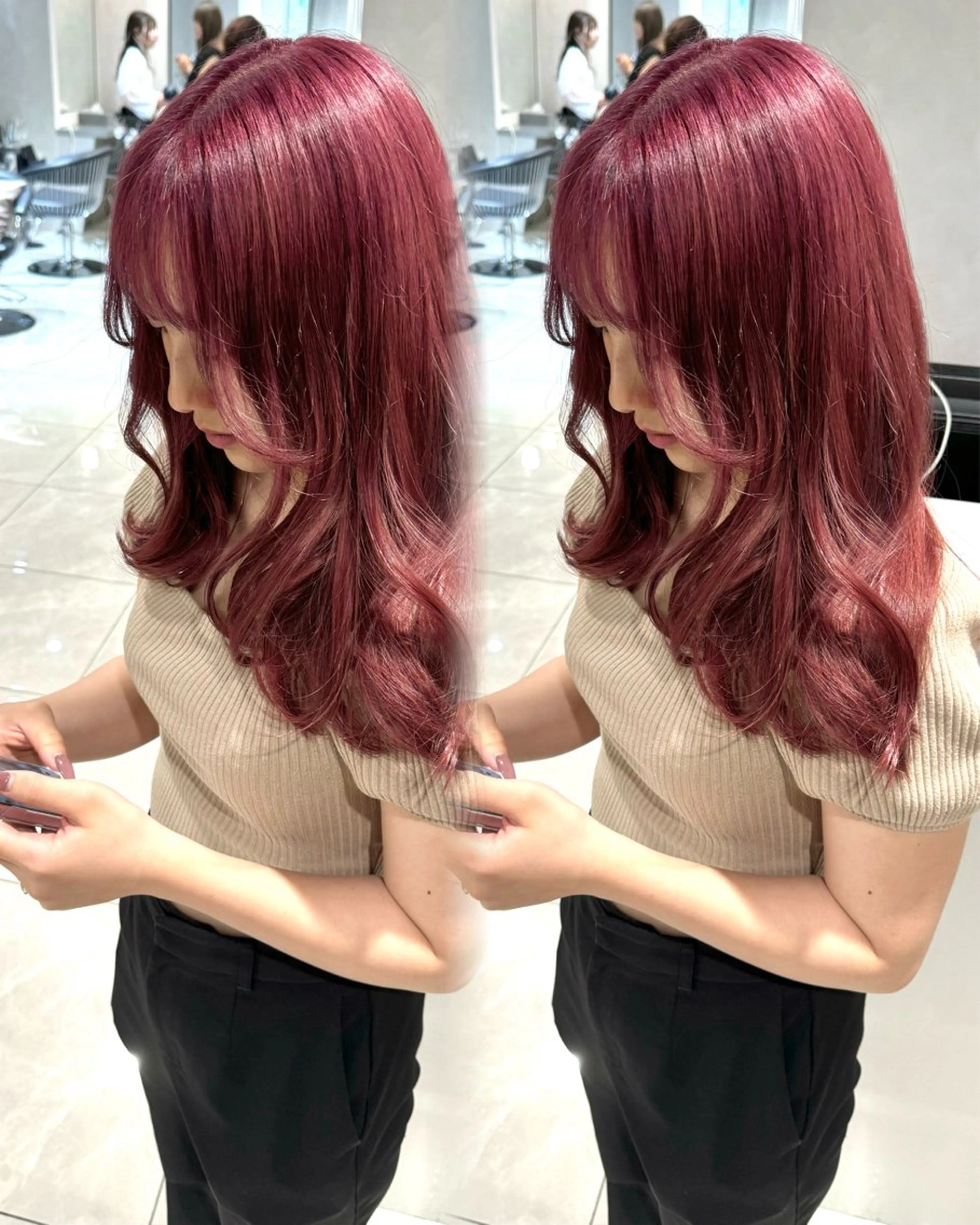 ミディアム カラー ブリーチ ブルーカラー ボルドーカラー ケアブリーチ ハイトーンカラー ハッシュカット レイヤー池袋のヘアスタイル