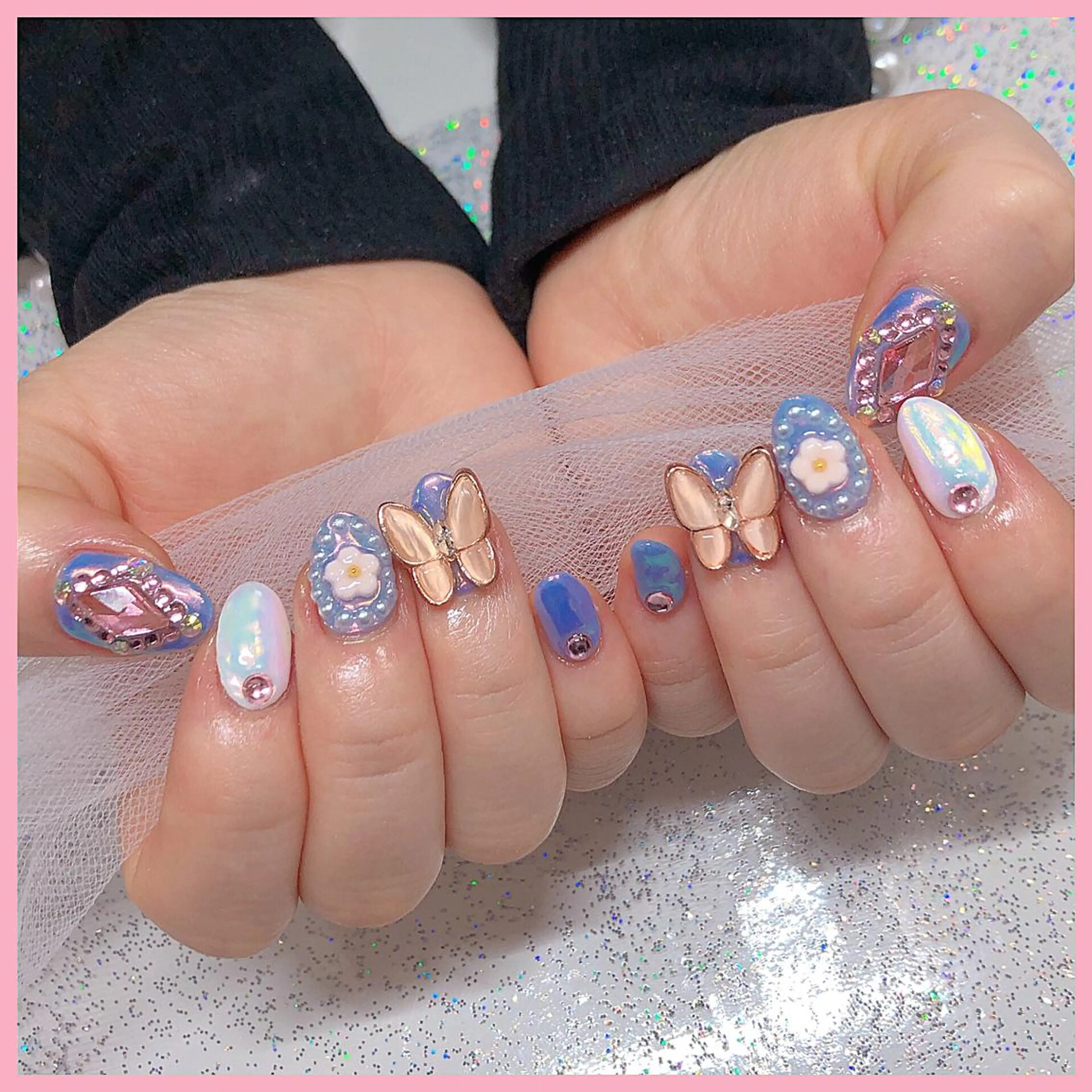 ネイル アートネイル オーロラネイル ブルー フラワーネイル ハート ハンドネイル plume nail ☆韓国ネイルのネイルデザイン