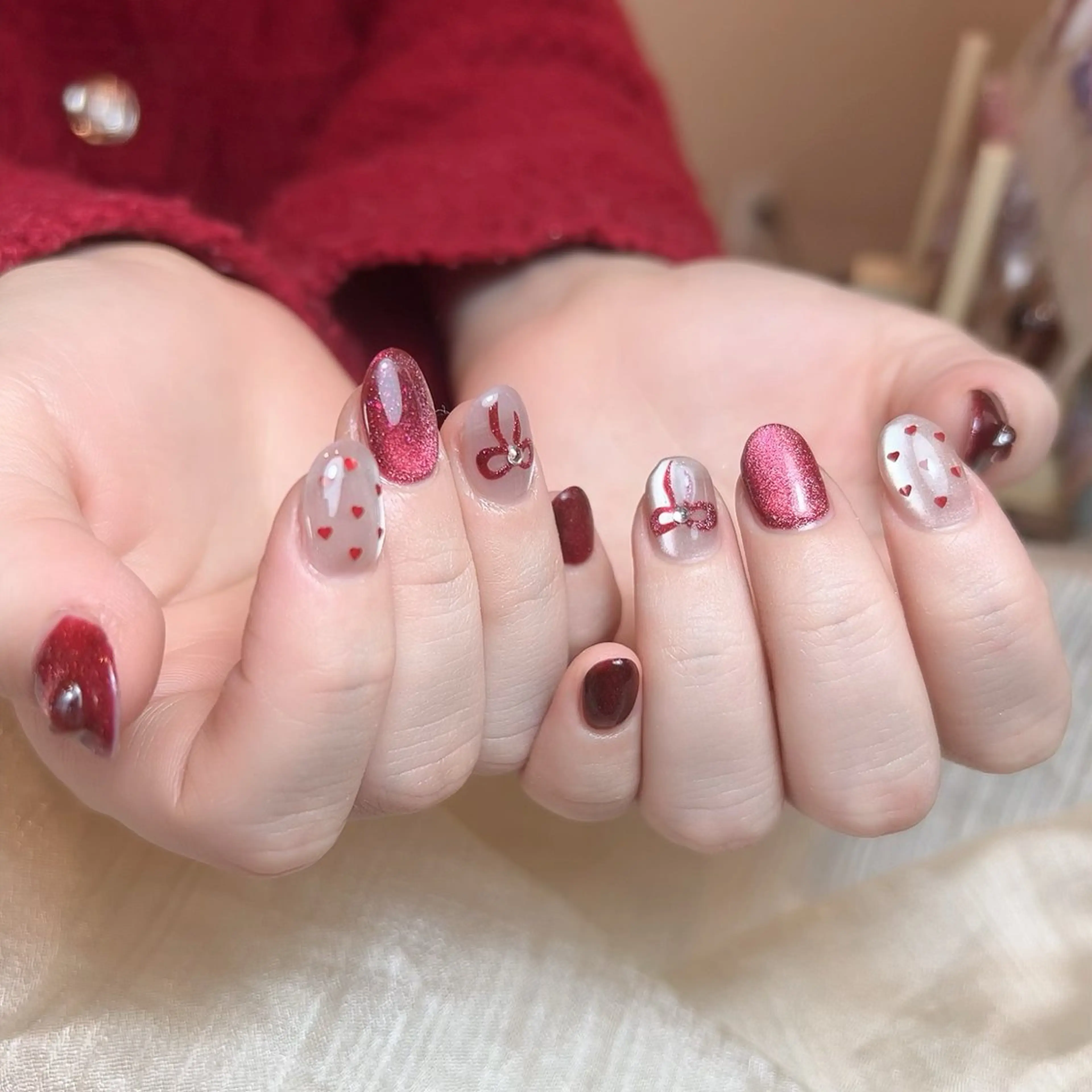 ネイル ハート マグネットネイル リボン 冬ネイル クリスマス You nailのネイルデザイン