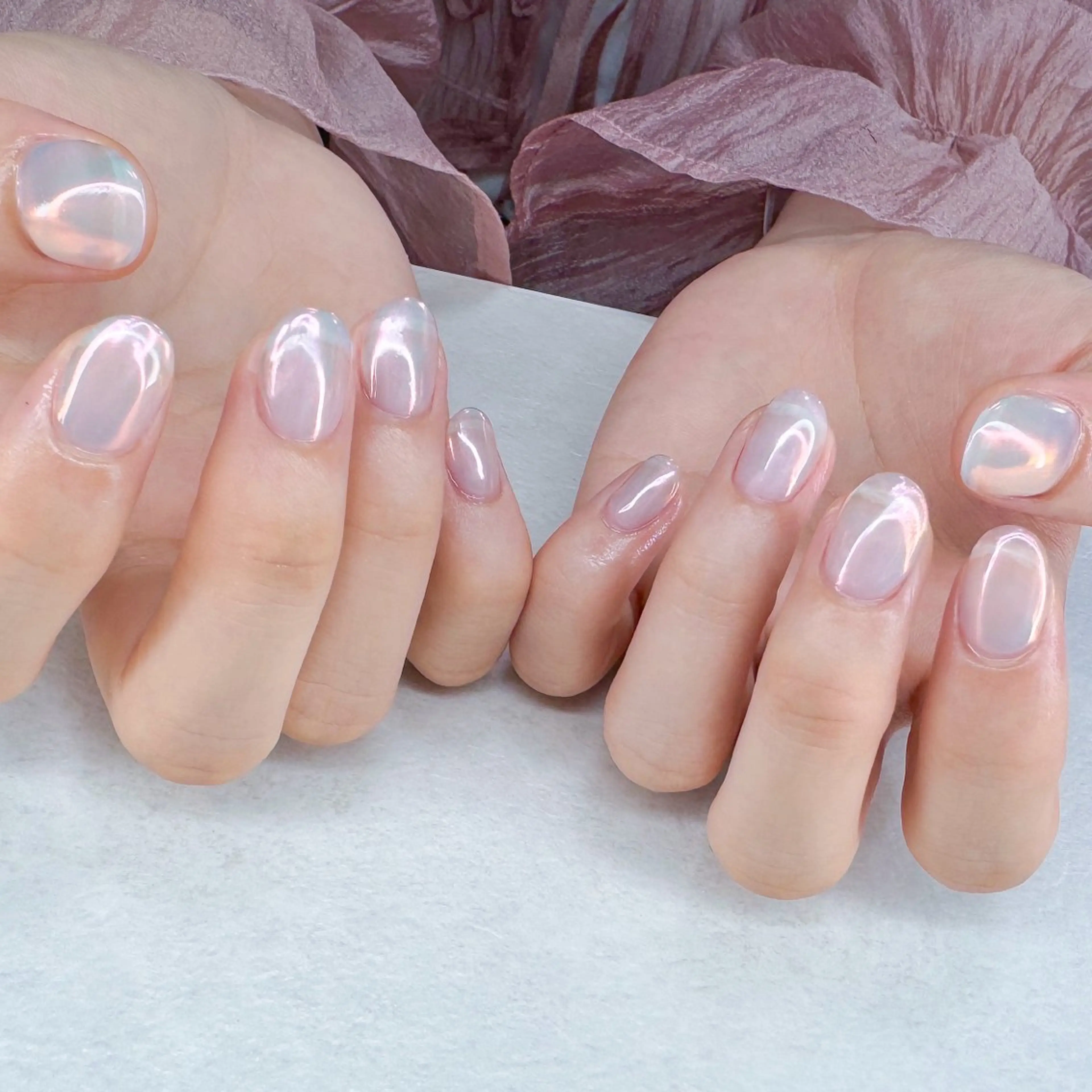 ネイル オーロラネイル クリアネイル ミラーネイル ピンク スカルプネイル ハンドネイル pointillé .ayaのネイルデザイン